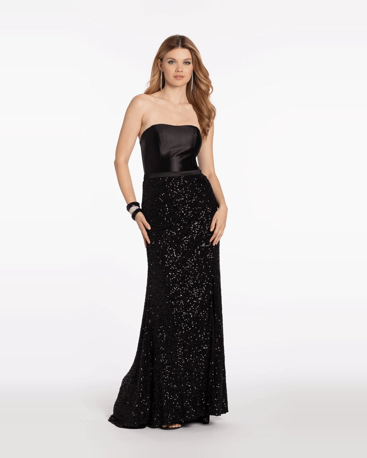 Black strapless column maxi prom dress with fitted satin top and allover sequin skirt