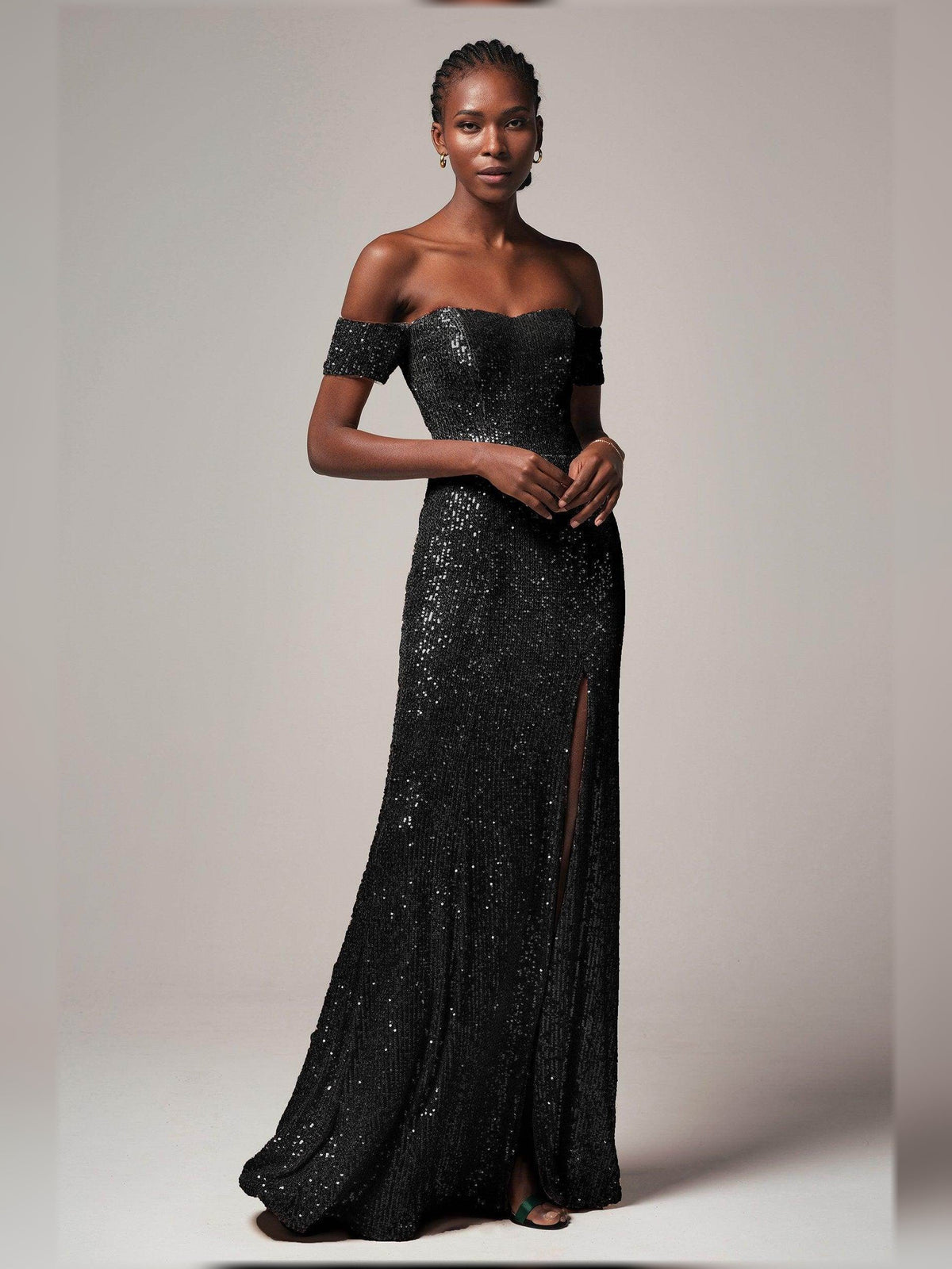 Black off-the-shoulder corset sparkle sequin floor-length formal dress with slit