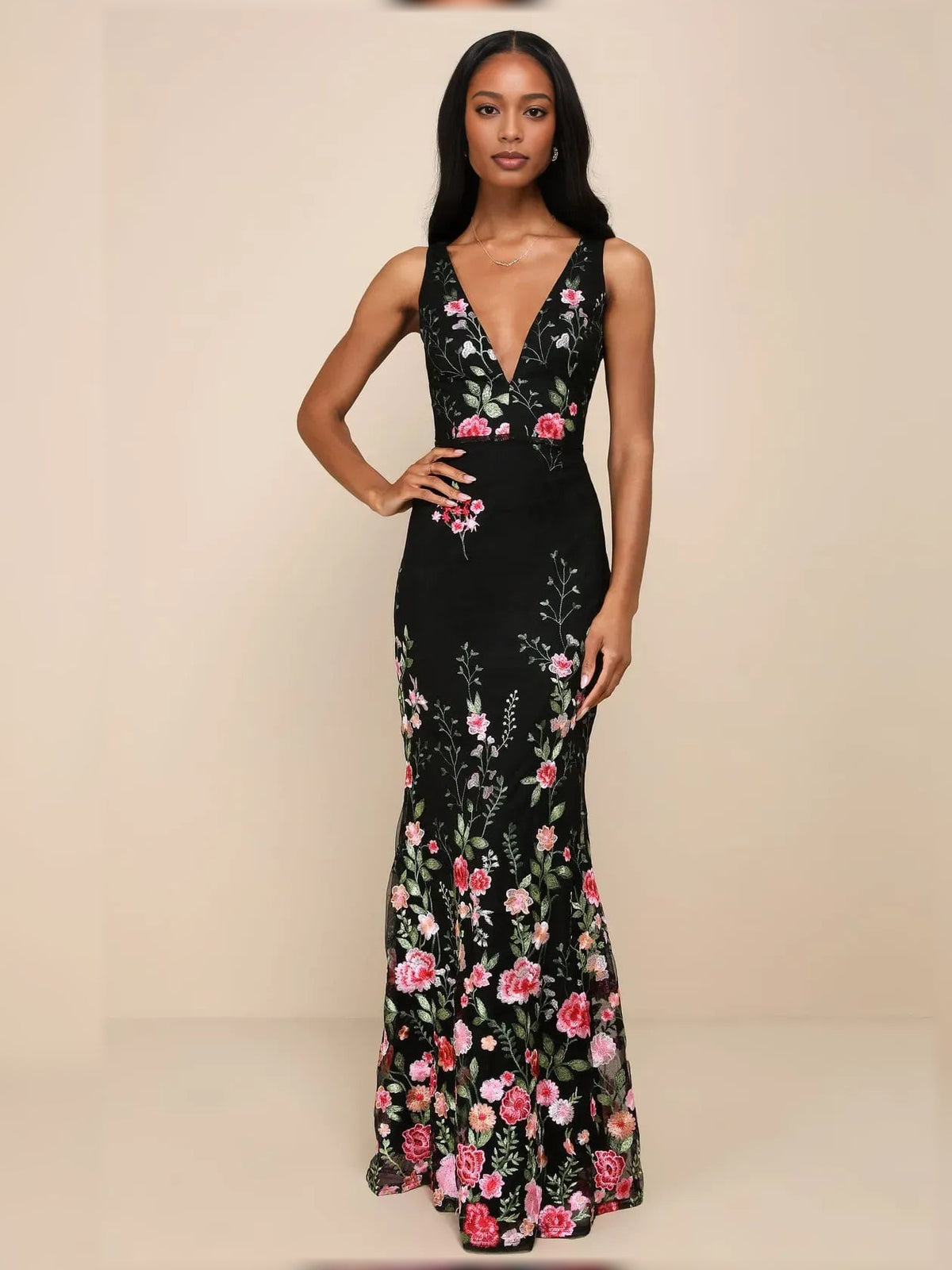 Black floral print sleeveless sheath formal dress, V-neck, floor-length