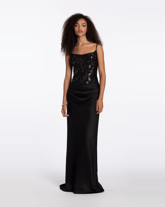 Black column maxi prom dress with lace corset top and ruched waistline, floor-length skirt