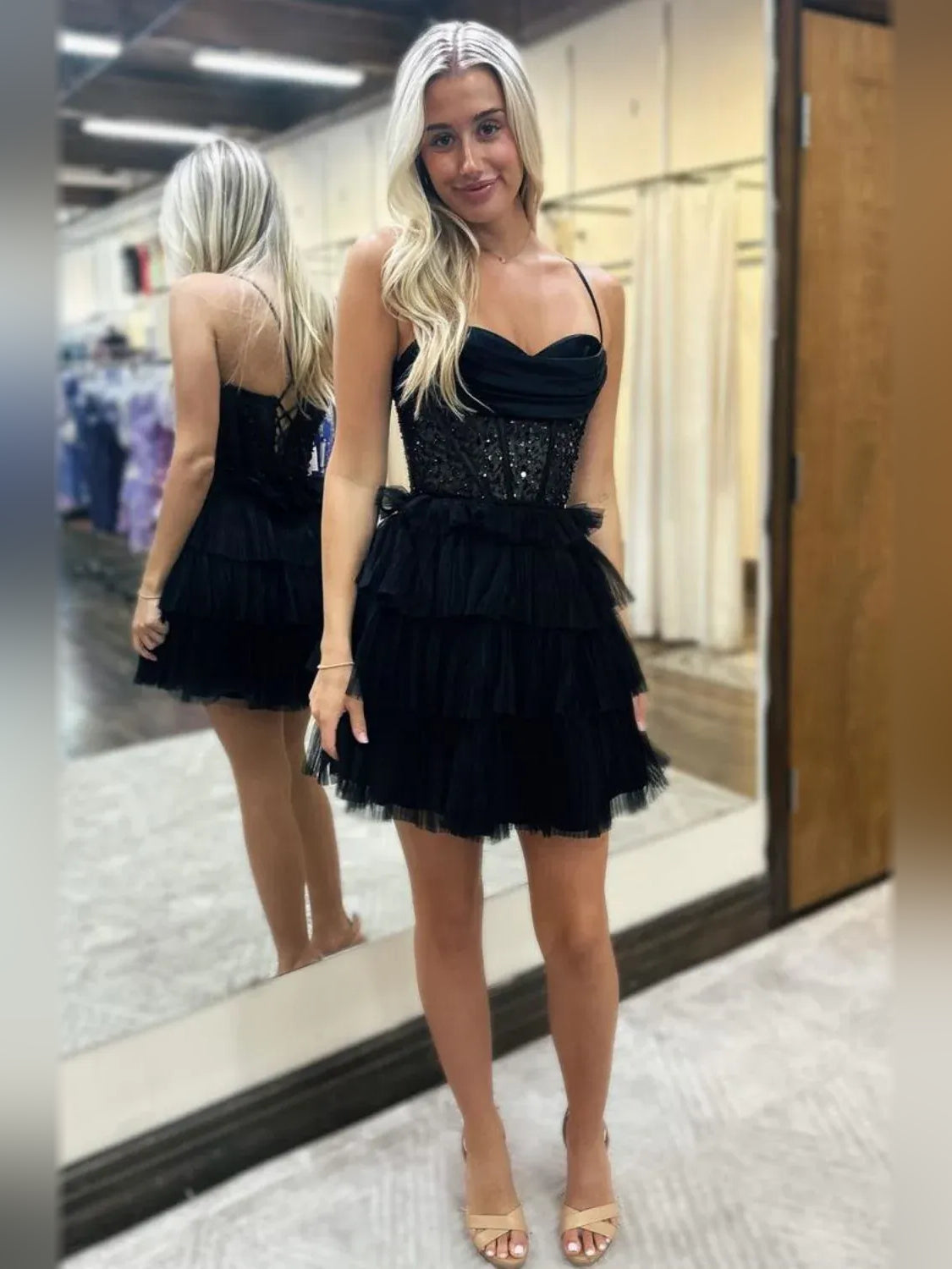 Black sweetheart corset mini dress with layered ruffled tulle skirt, A-line