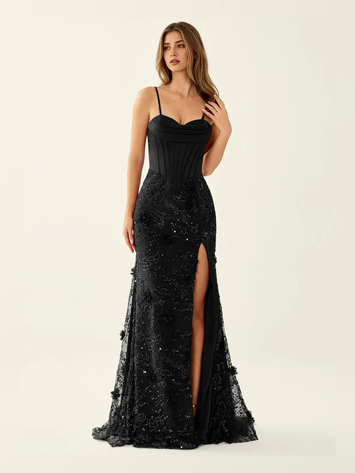 Black sweetheart corset mermaid maxi dress with lace texture and side slit