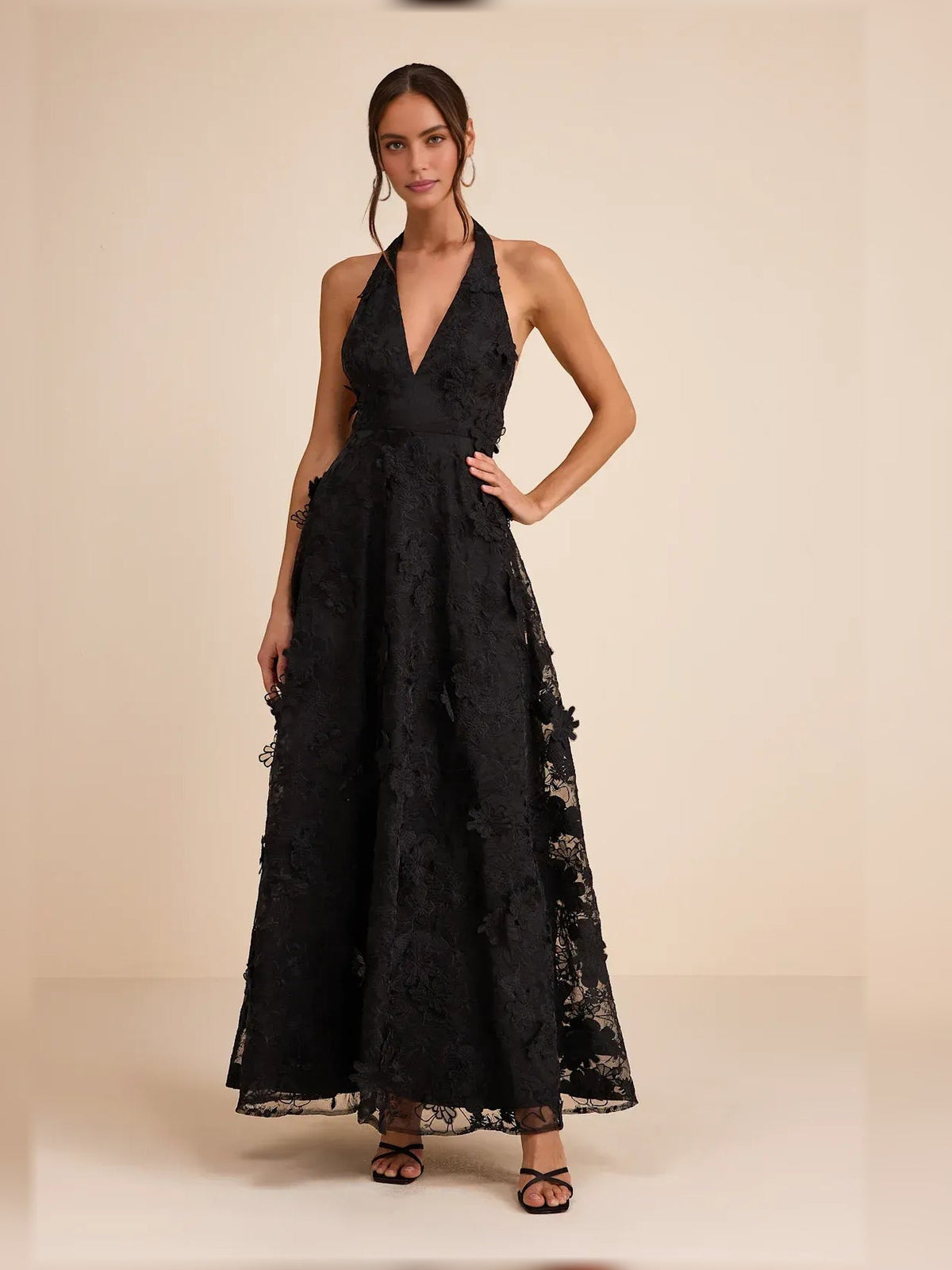 Black halter neck maxi formal dress with floral lace appliques and layered hem