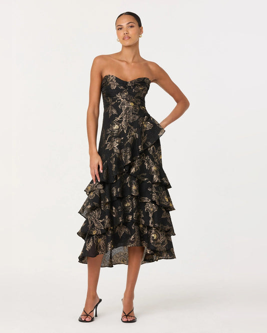Floral Print Strapless A-Line Midi Formal Dress for Celebration Night