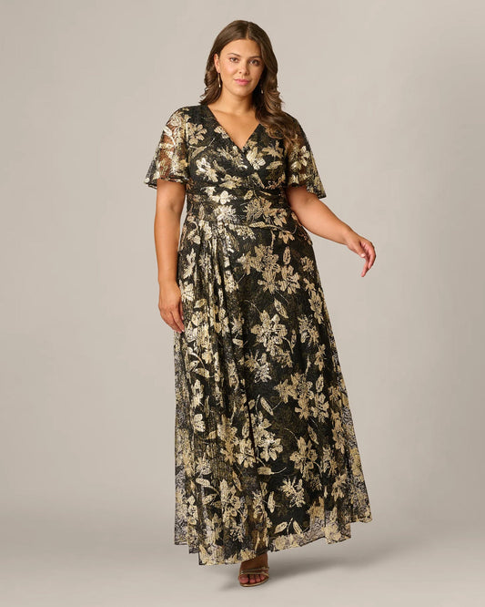 Black and gold floral V-neck maxi dress with short sleeves and flowing A-line skirt