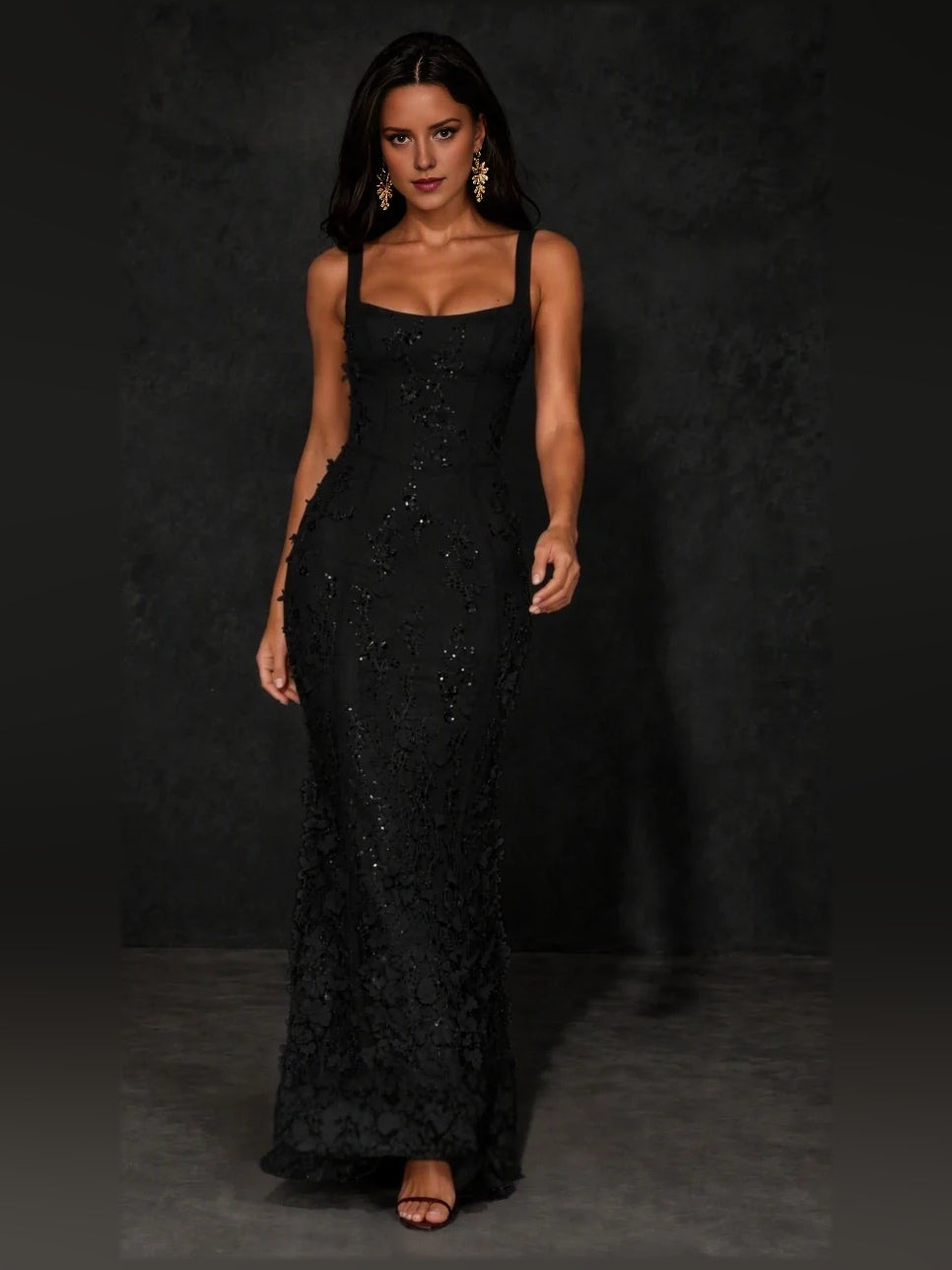 Black floral square-neck corset mermaid prom dress with thin straps and lace applique