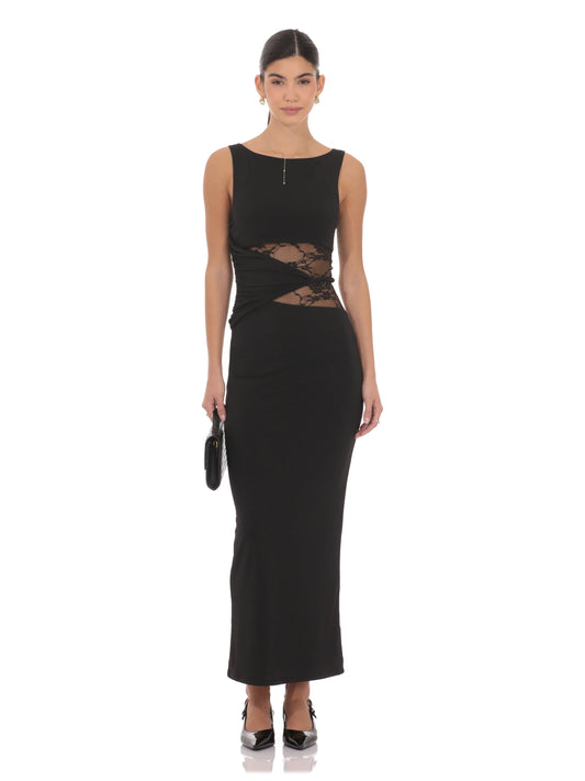 Black sleeveless maxi dress with lace mesh overlay across waist