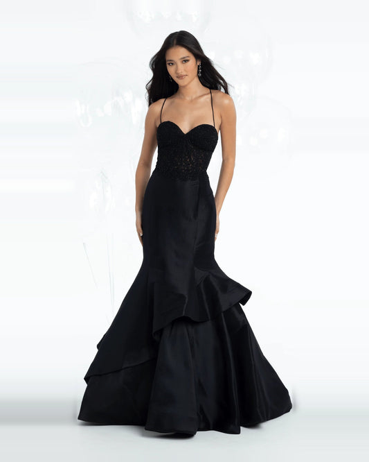 Black tiered mermaid maxi prom dress with sweetheart neckline and layered ruffle hem