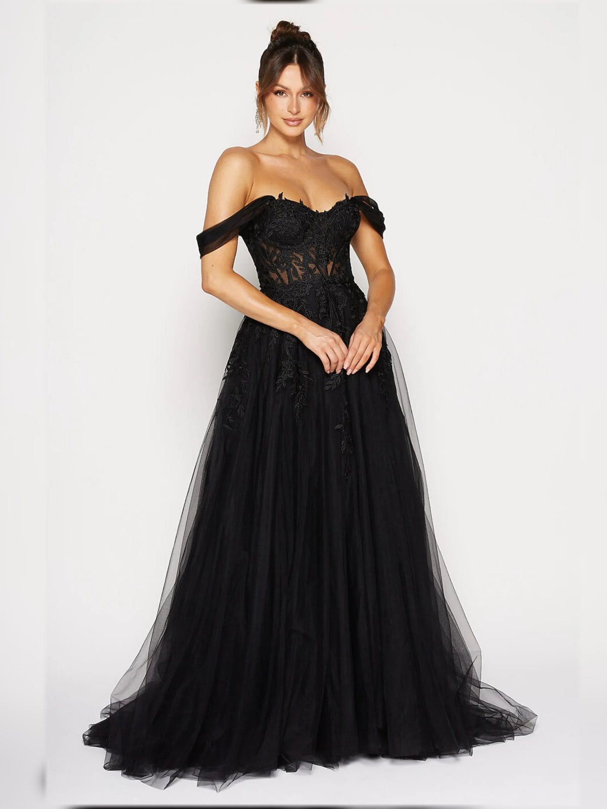 Black floral off-the-shoulder maxi dress with lace bodice and short off-shoulder sleeves