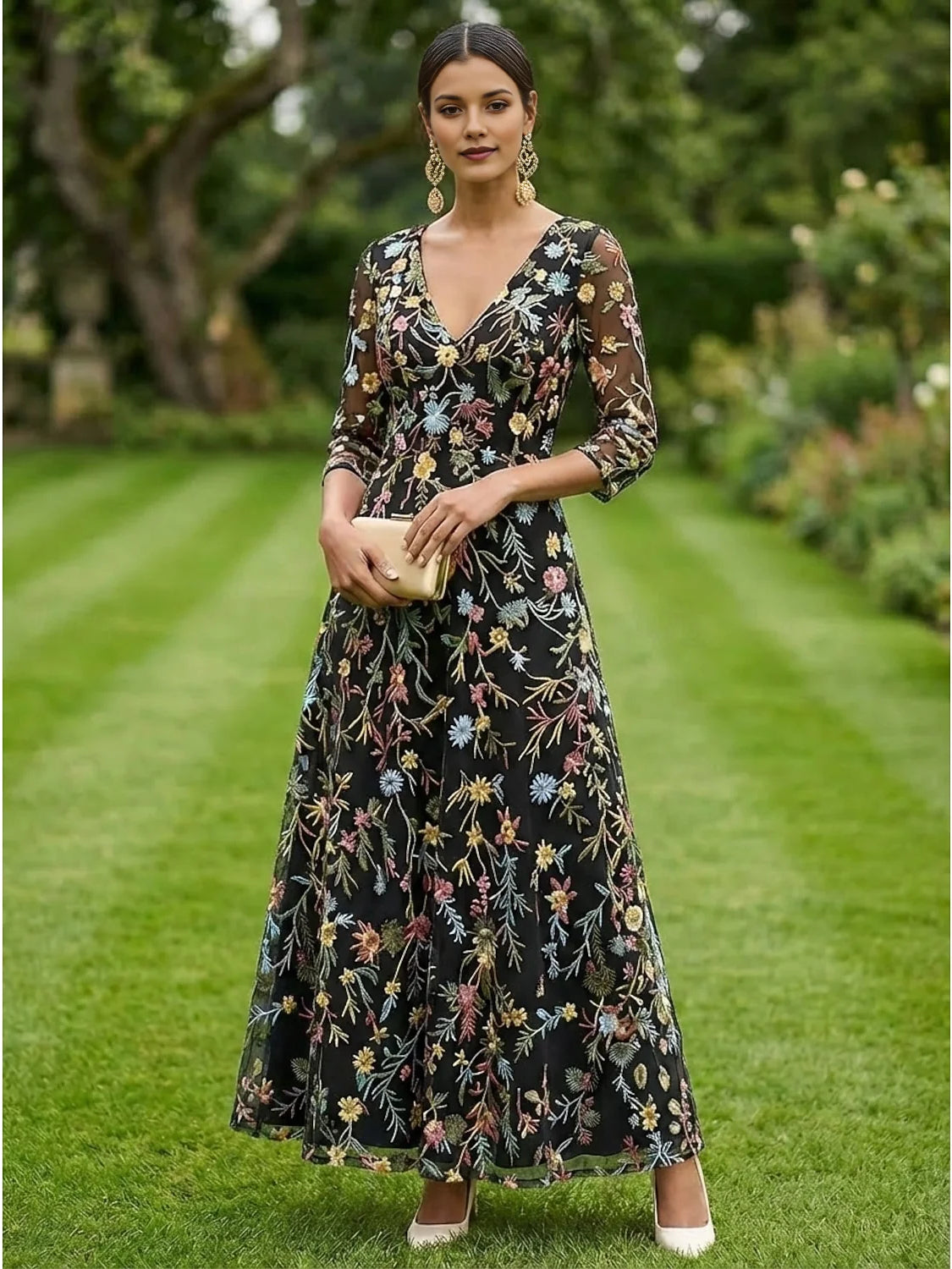 Black embroidered floral V-neck A-line tulle dress, full skirt