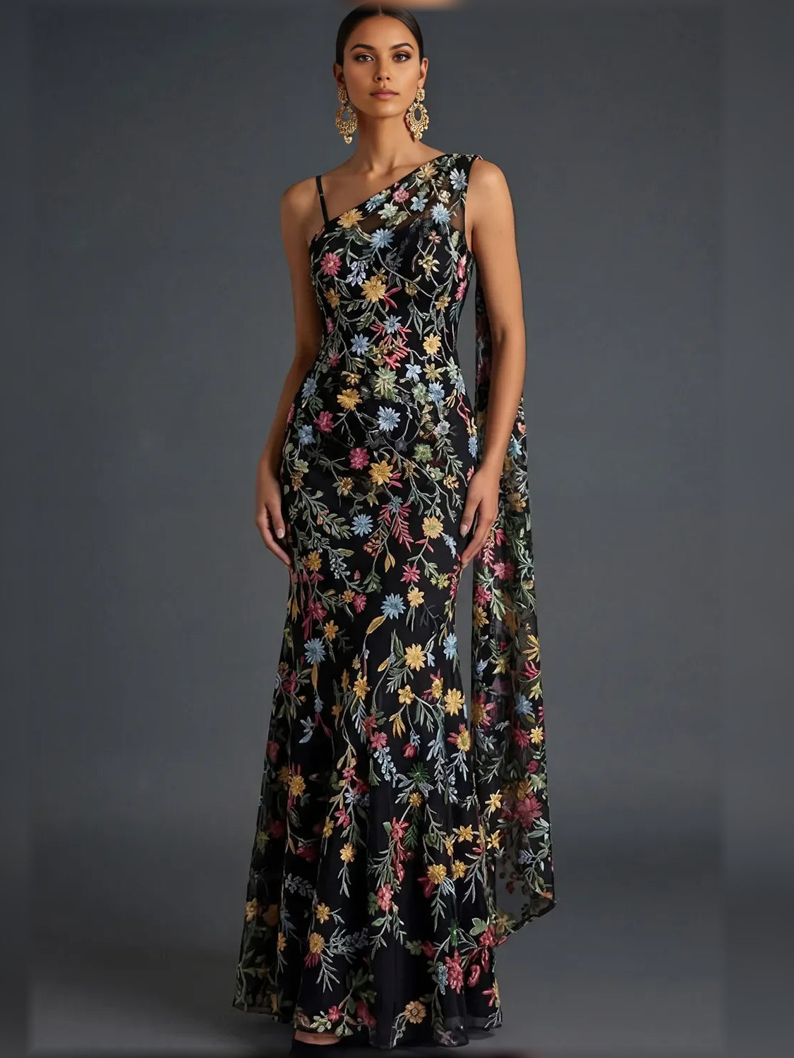 Floral print one-shoulder floor-length formal dress on black base