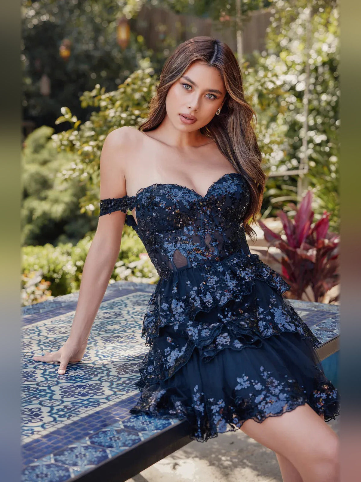 Navy floral tiered short dress with corset bodice, sweetheart neckline, off-shoulder