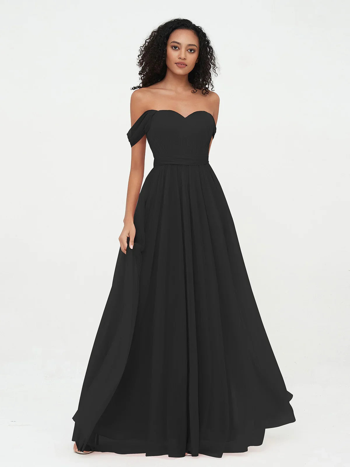 Black sweetheart off-shoulder pleated A-line tulle bridesmaid dress