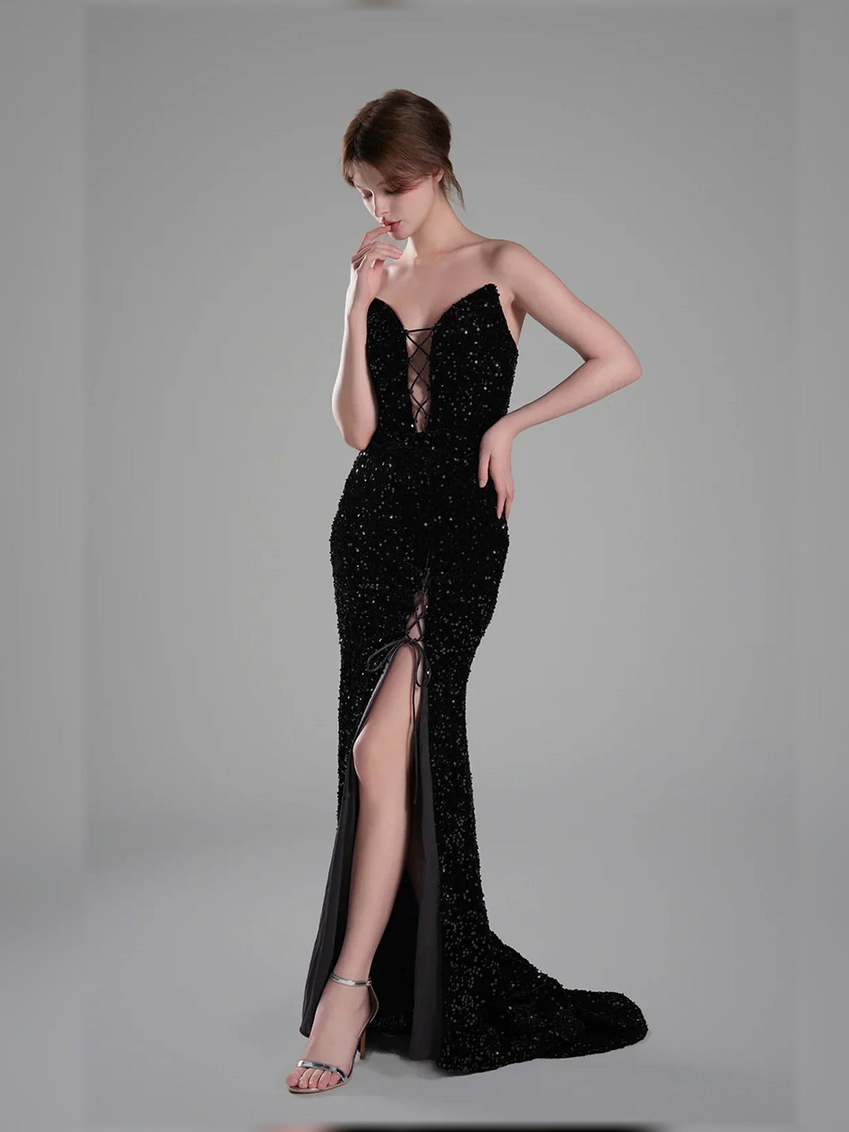 Black sweetheart sequin mermaid formal dress with side slit, floor-length
