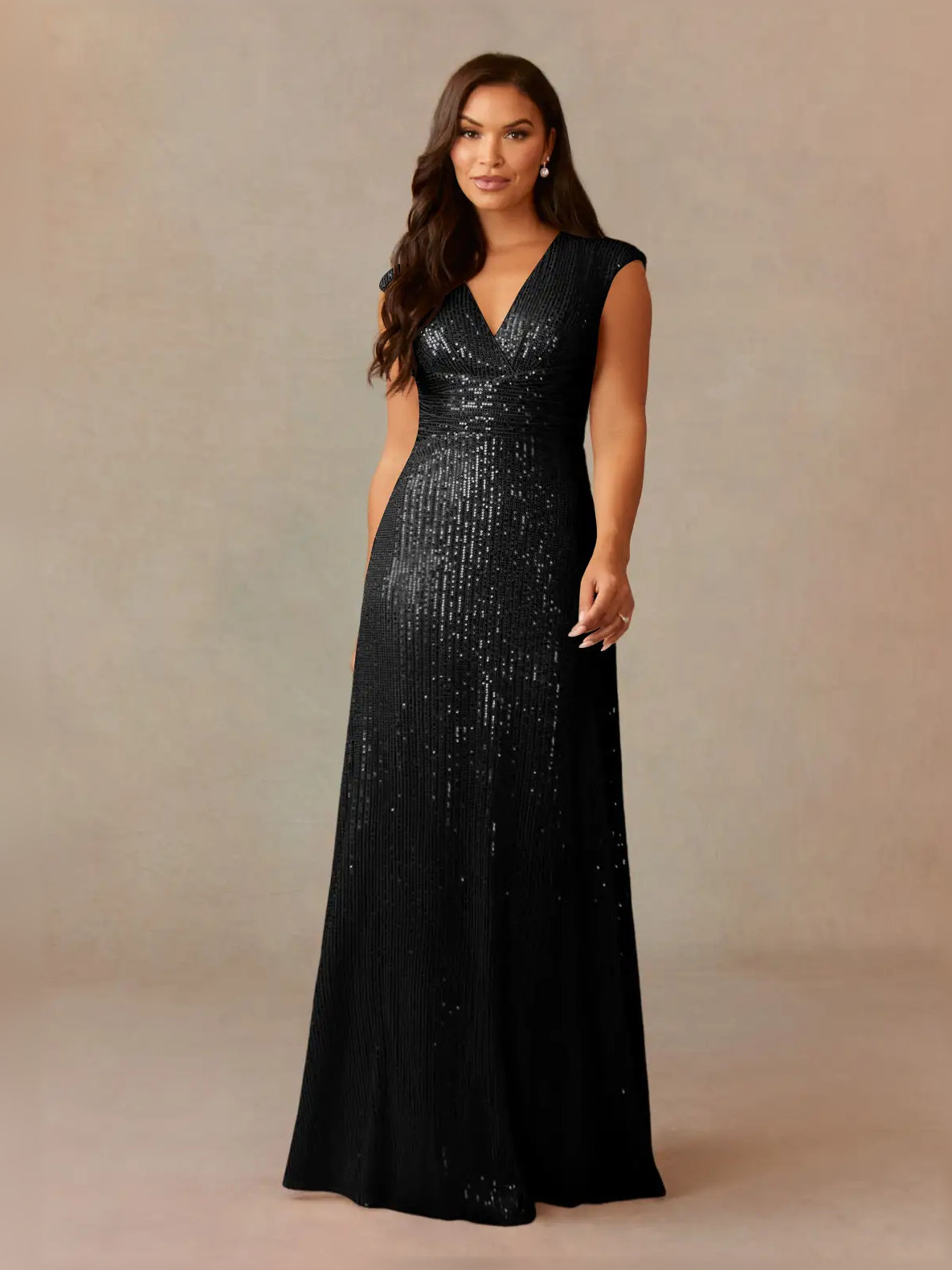 Black sleeveless sequin formal dress with V-neck and floor-length skirt, front view