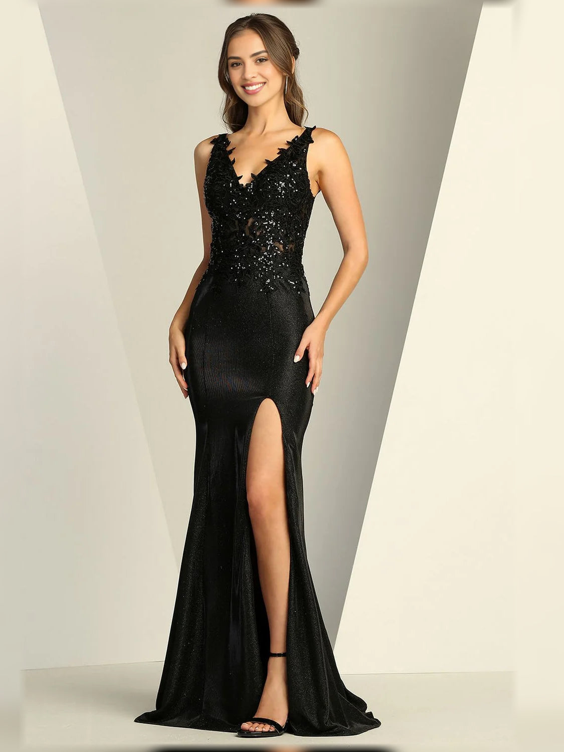 Black V-neck mermaid floor-length formal dress with sparkling bodice and front slit