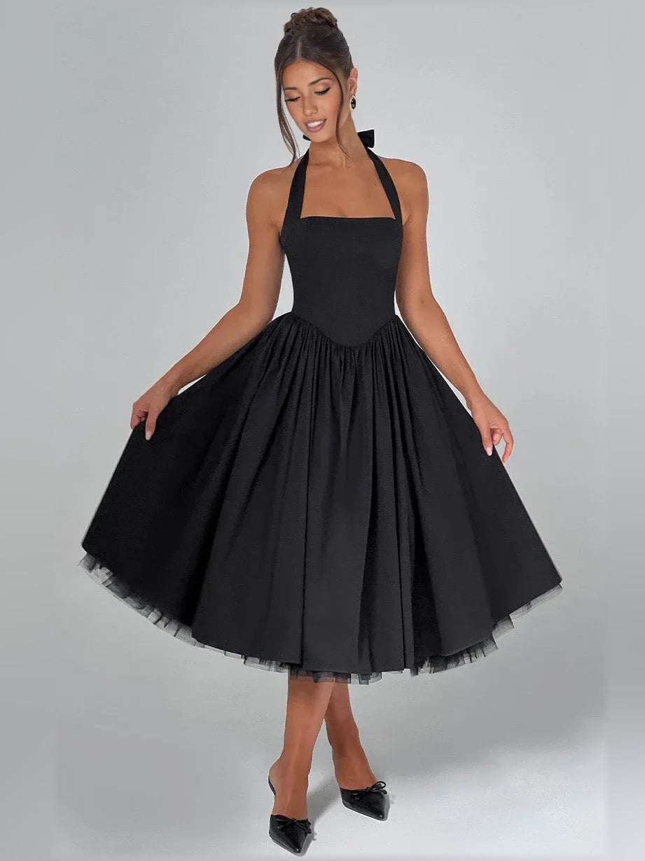 Black halter A-line midi formal dress with wide neckline and layered tulle skirt