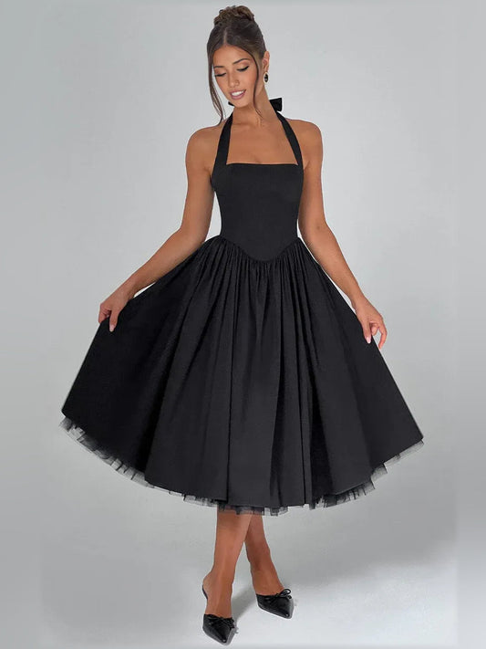 Black halter A-line midi formal dress with wide neckline and layered tulle skirt