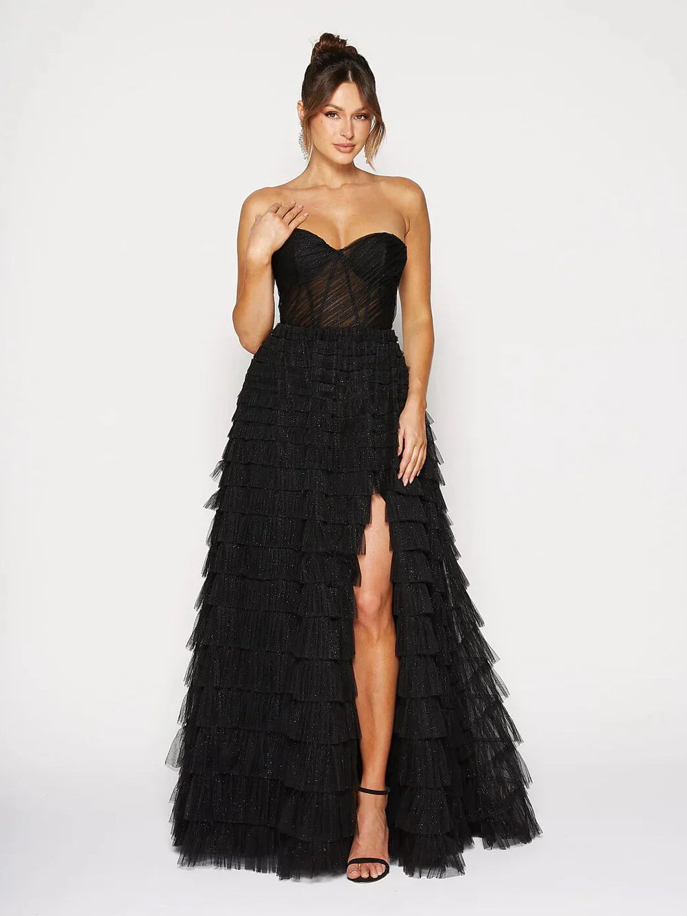 Black strapless corset sweetheart tiered tulle maxi prom dress, front slit