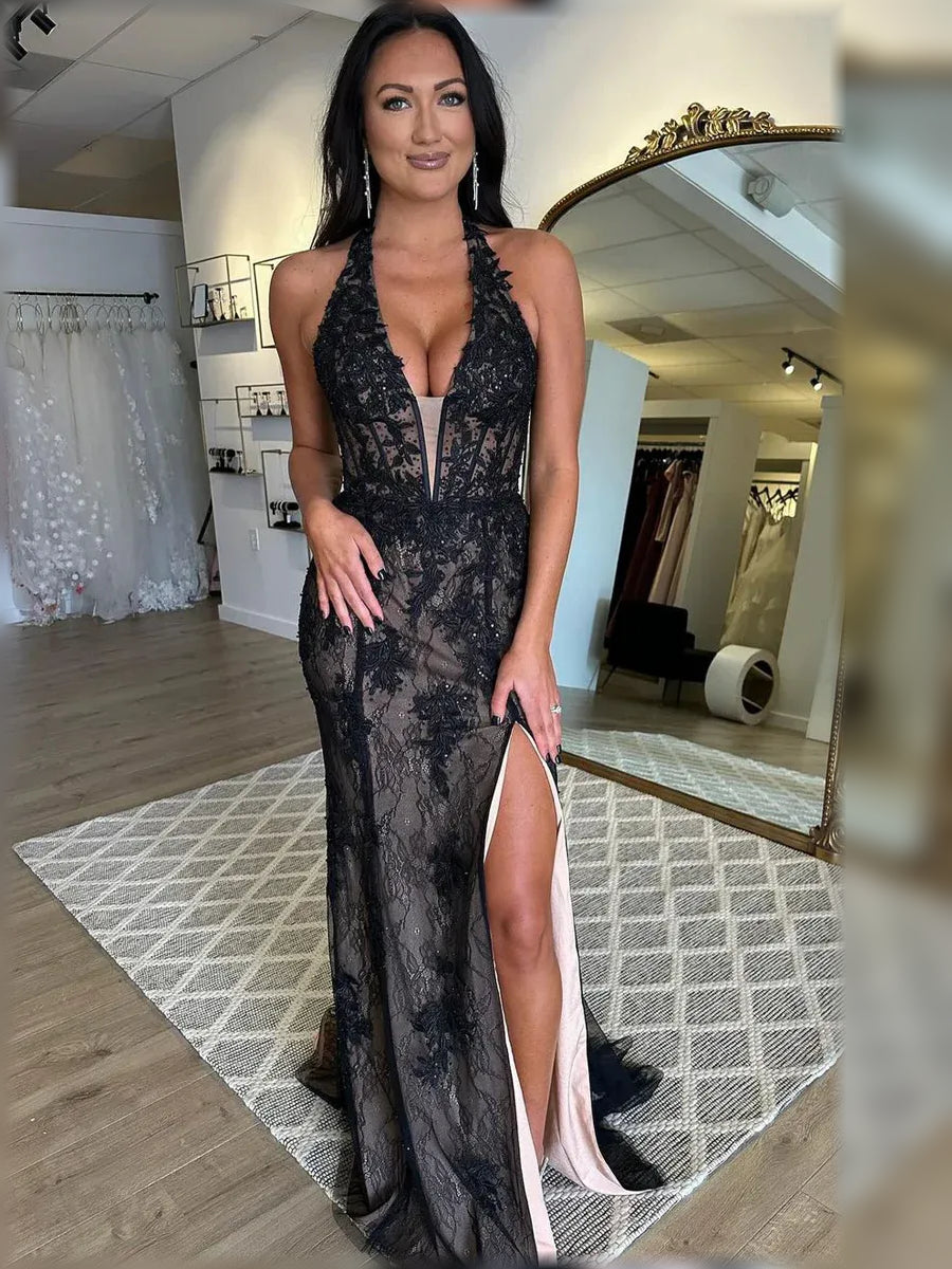 Black halter neck beaded formal gown with long slit and shimmering lace bodice.