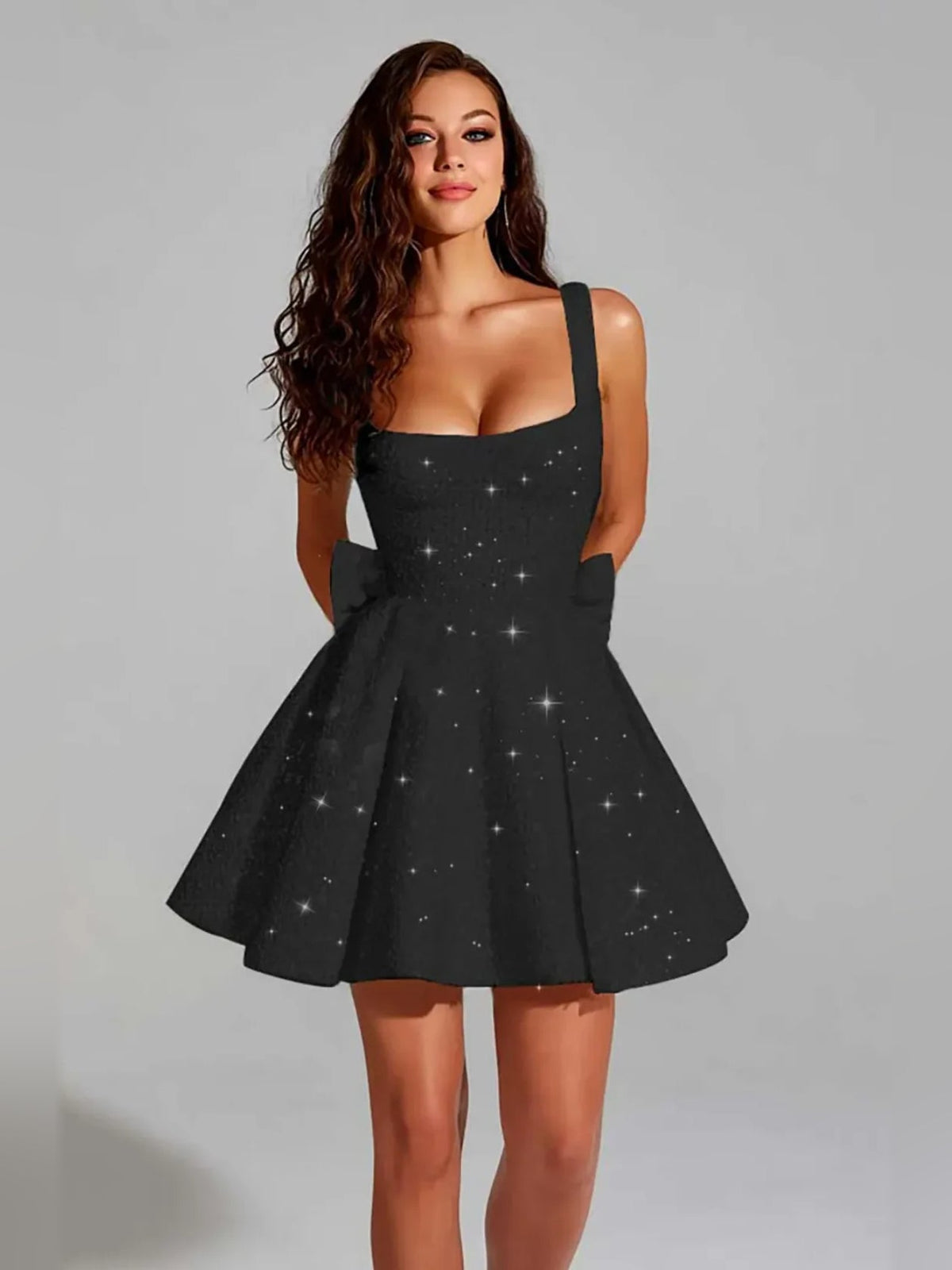 Black sequin square-neck A-line mini dress, sleeveless with twinkly flare skirt