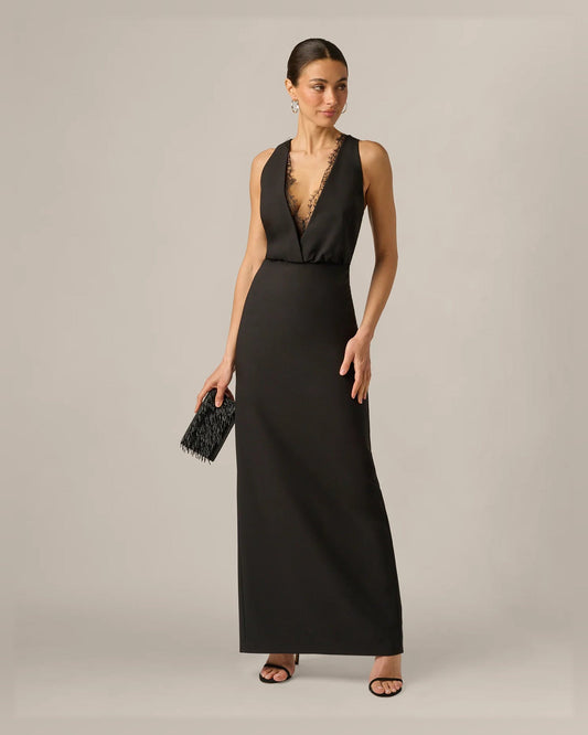 Black sleeveless V-neck column formal dress with lace beaded neckline