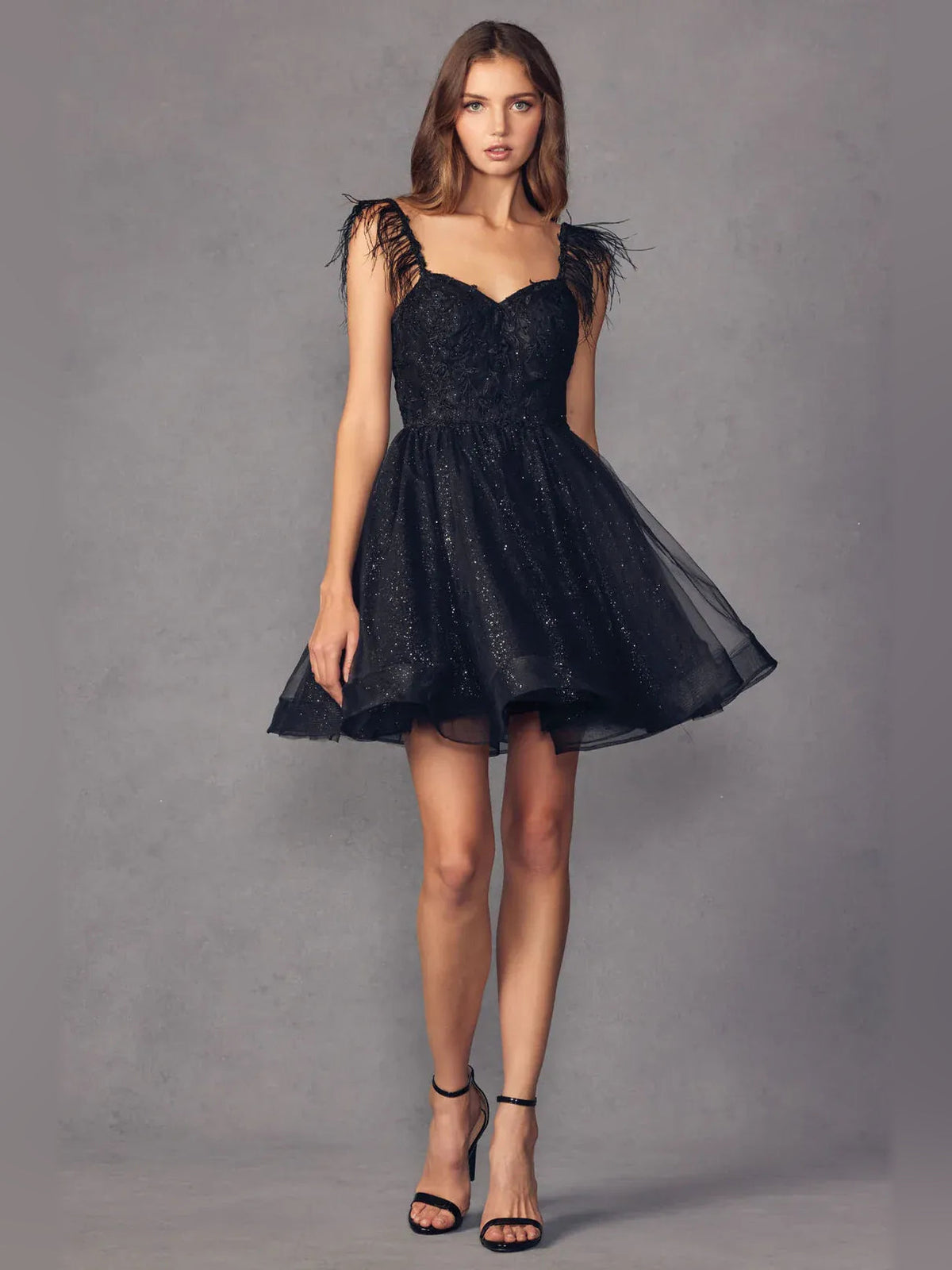 Black sweetheart A-line mini tulle dress with glitter bodice and feathered shoulder detail