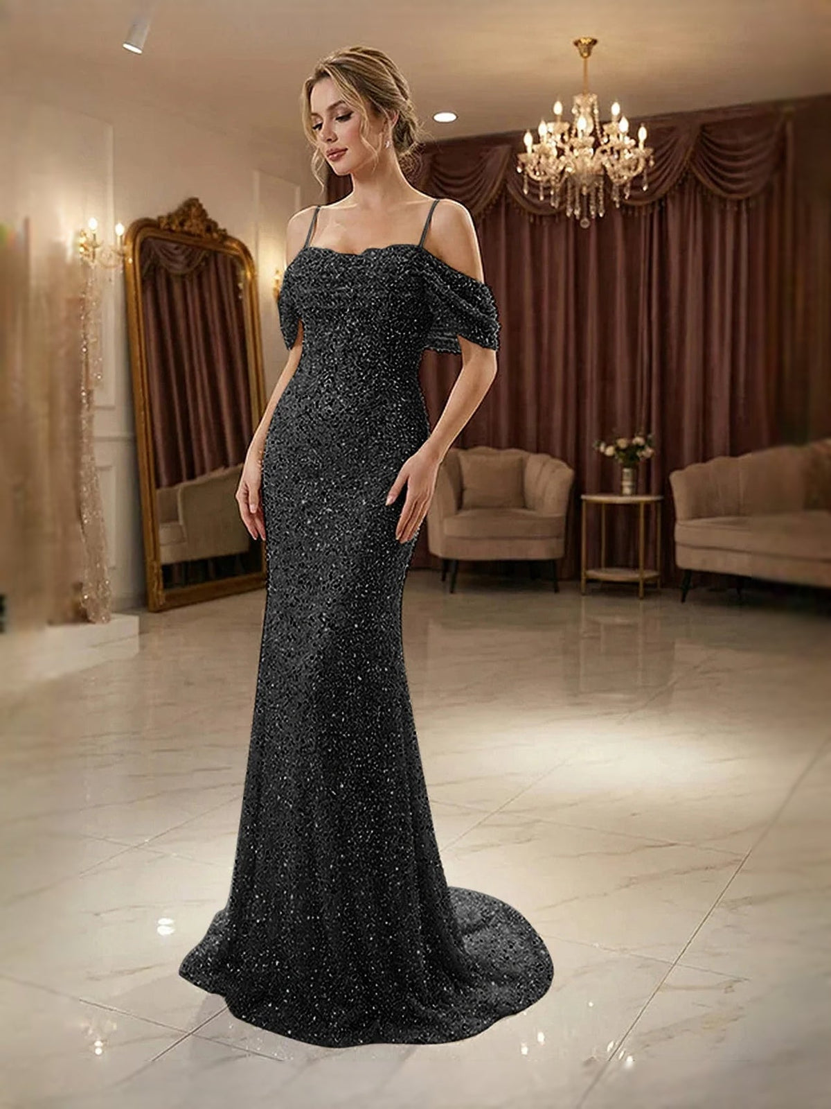 Black sequin mermaid prom dress with off-shoulder ruffle sleeves, side front view