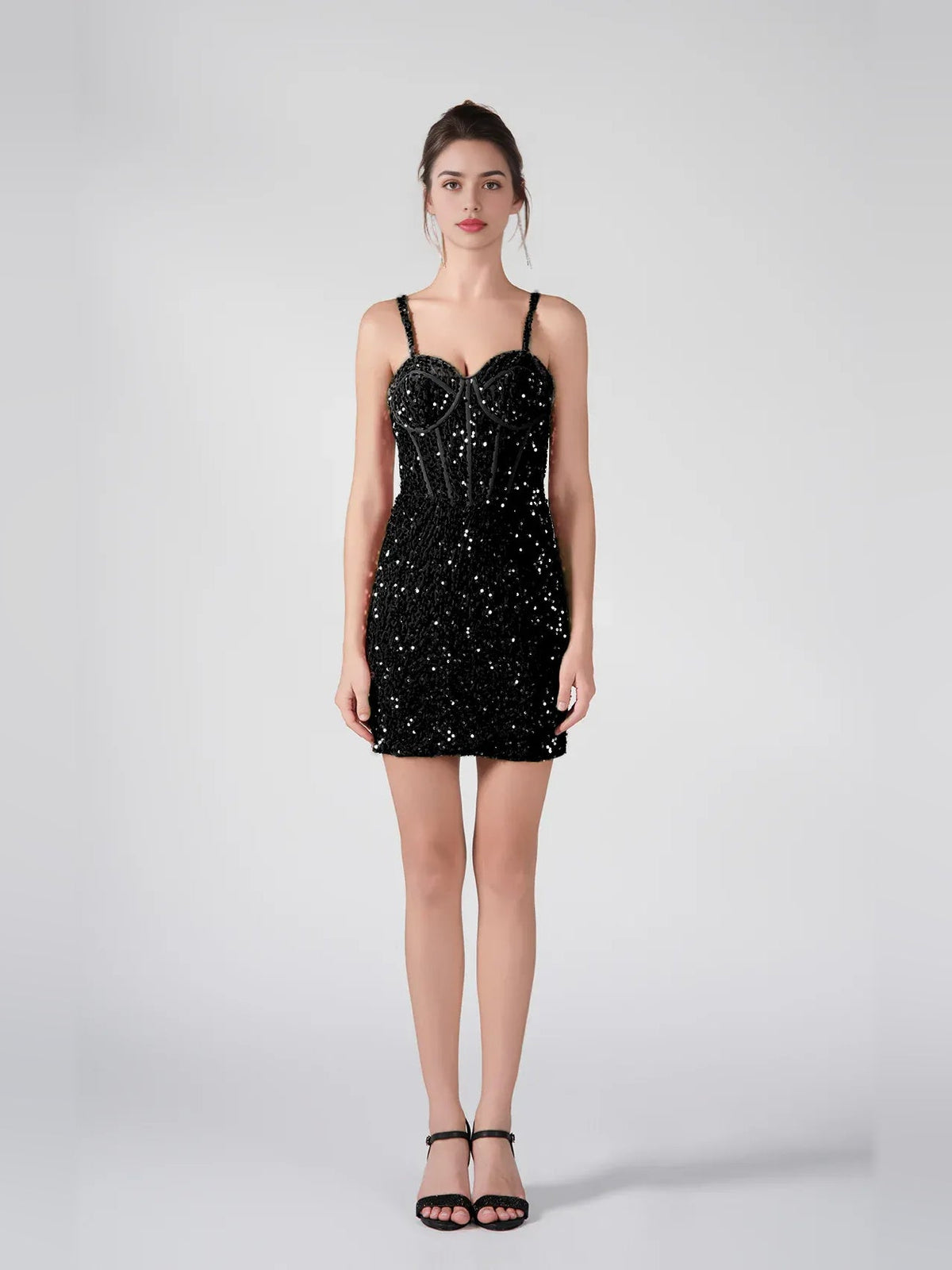 Black sequin mini dress with sweetheart corset bodice and thin spaghetti straps