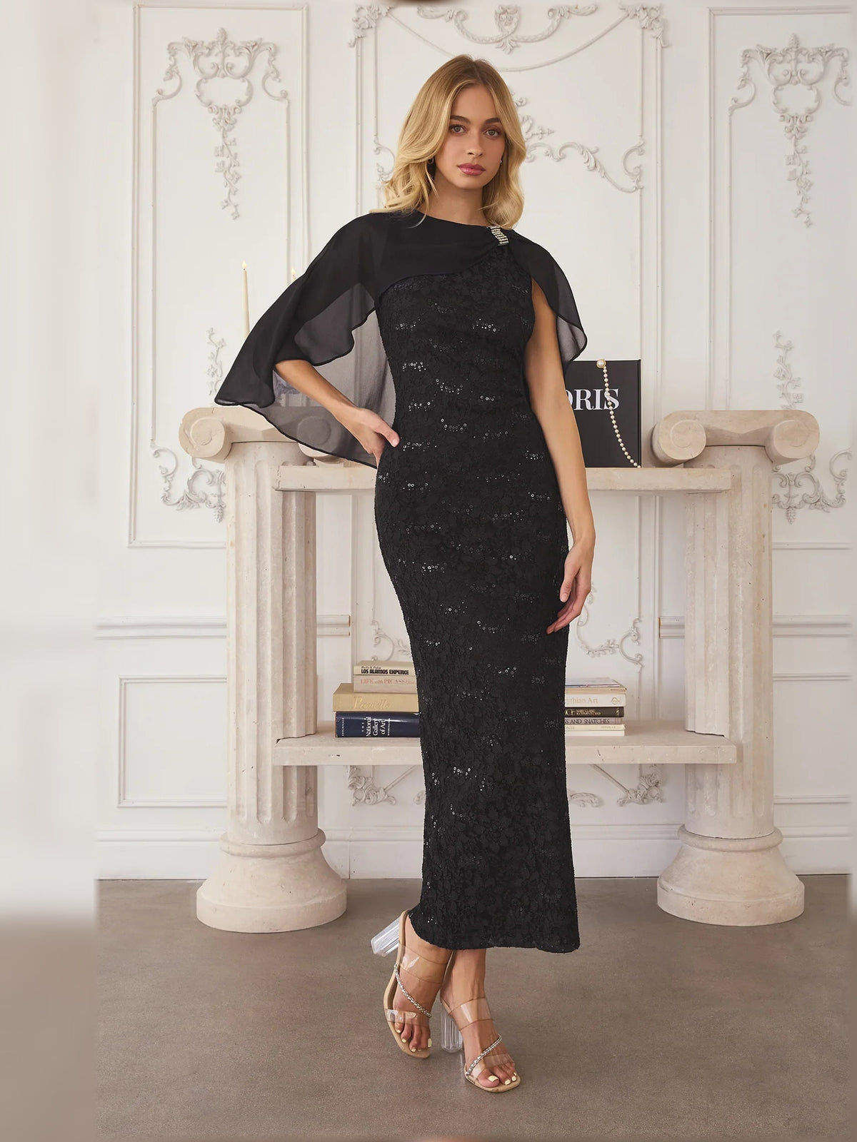Black lace midi sheath formal dress with sheer cape sleeves and side slit