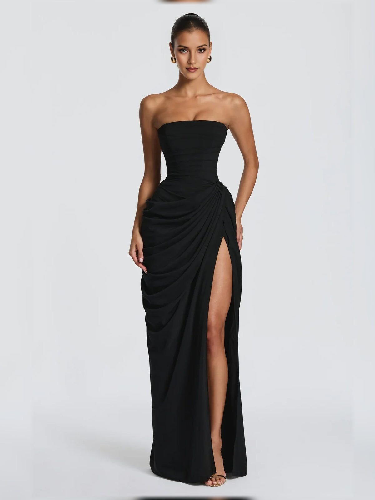 Off-shoulder corset formal dress, black with ruched bodice and thigh slit