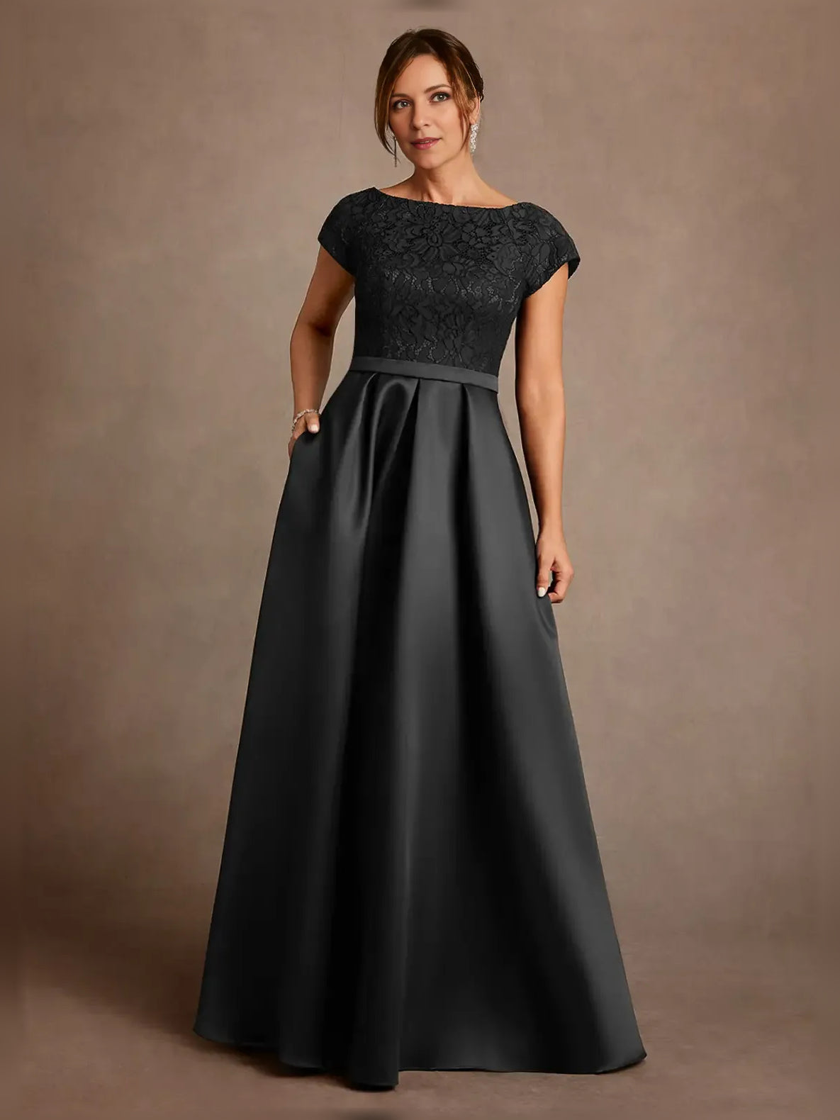 Black lace boat-neck A-line satin mother-of-the-bride dress, front view full length