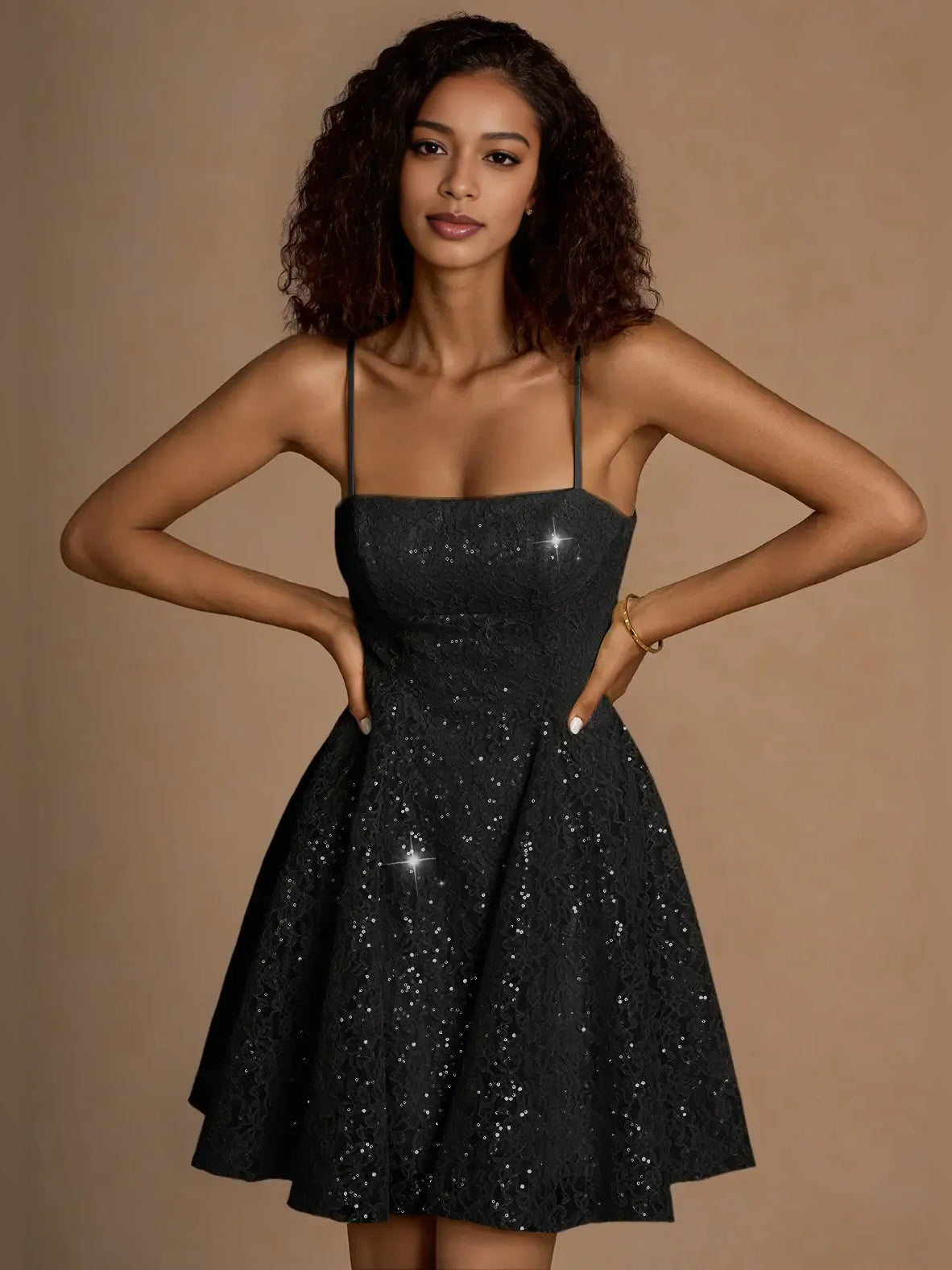 Black sequin square-neck A-line mini dress with spaghetti straps, sleeveless bodice