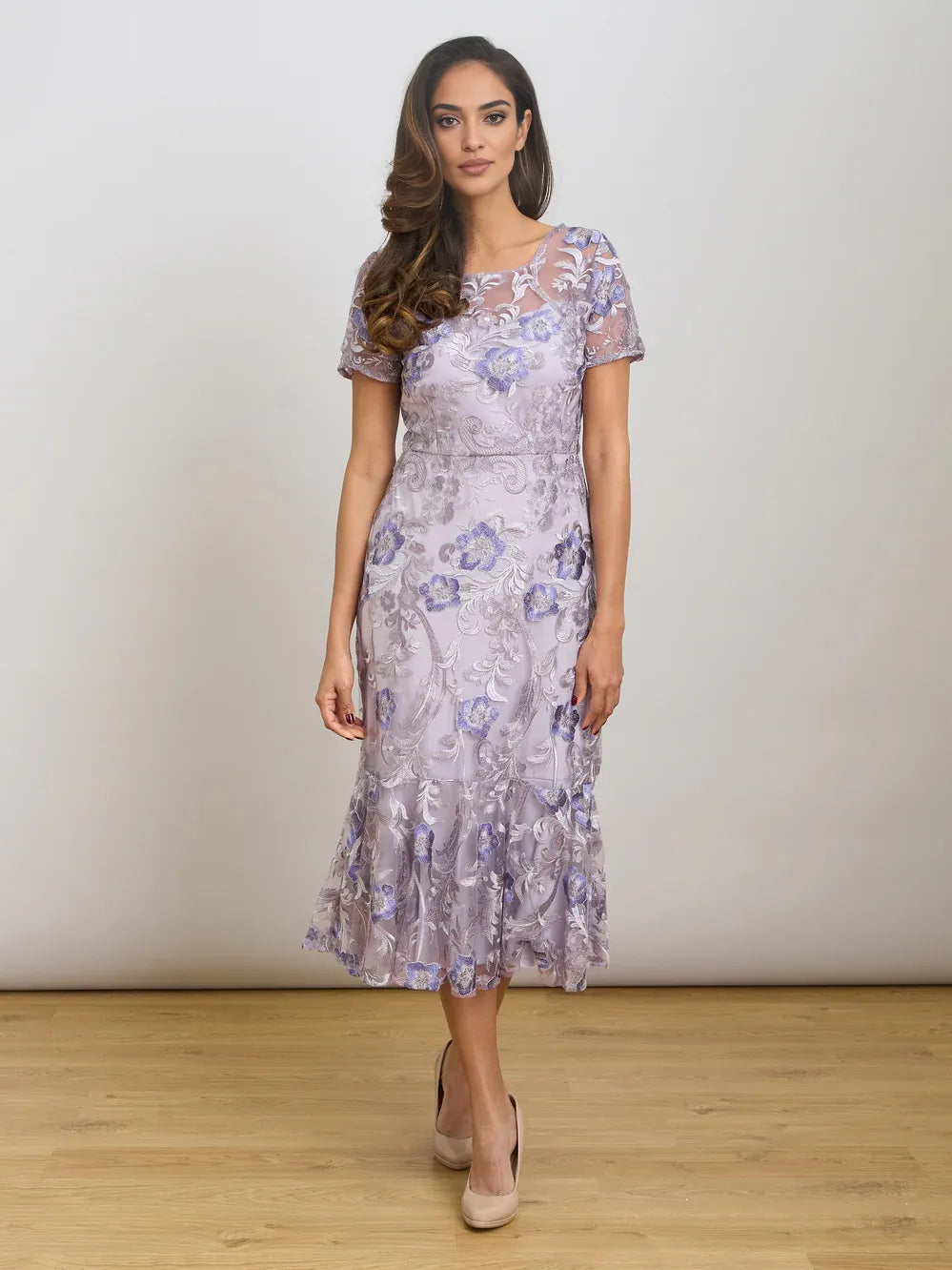 Lavender floral embroidered midi dress with square neckline and textured floral detail