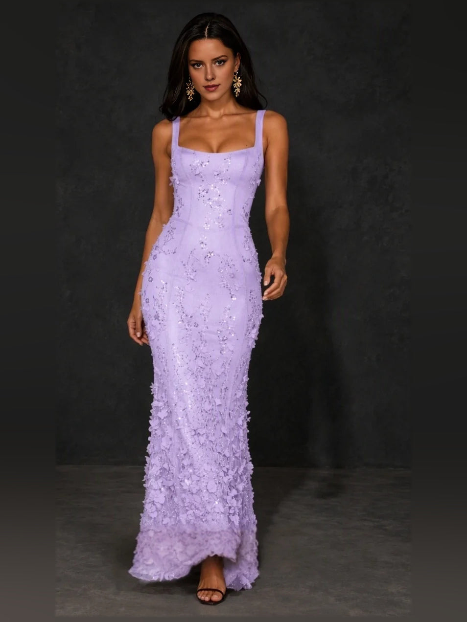 Lavender floral square-neck corset mermaid prom dress with thin straps and lace applique