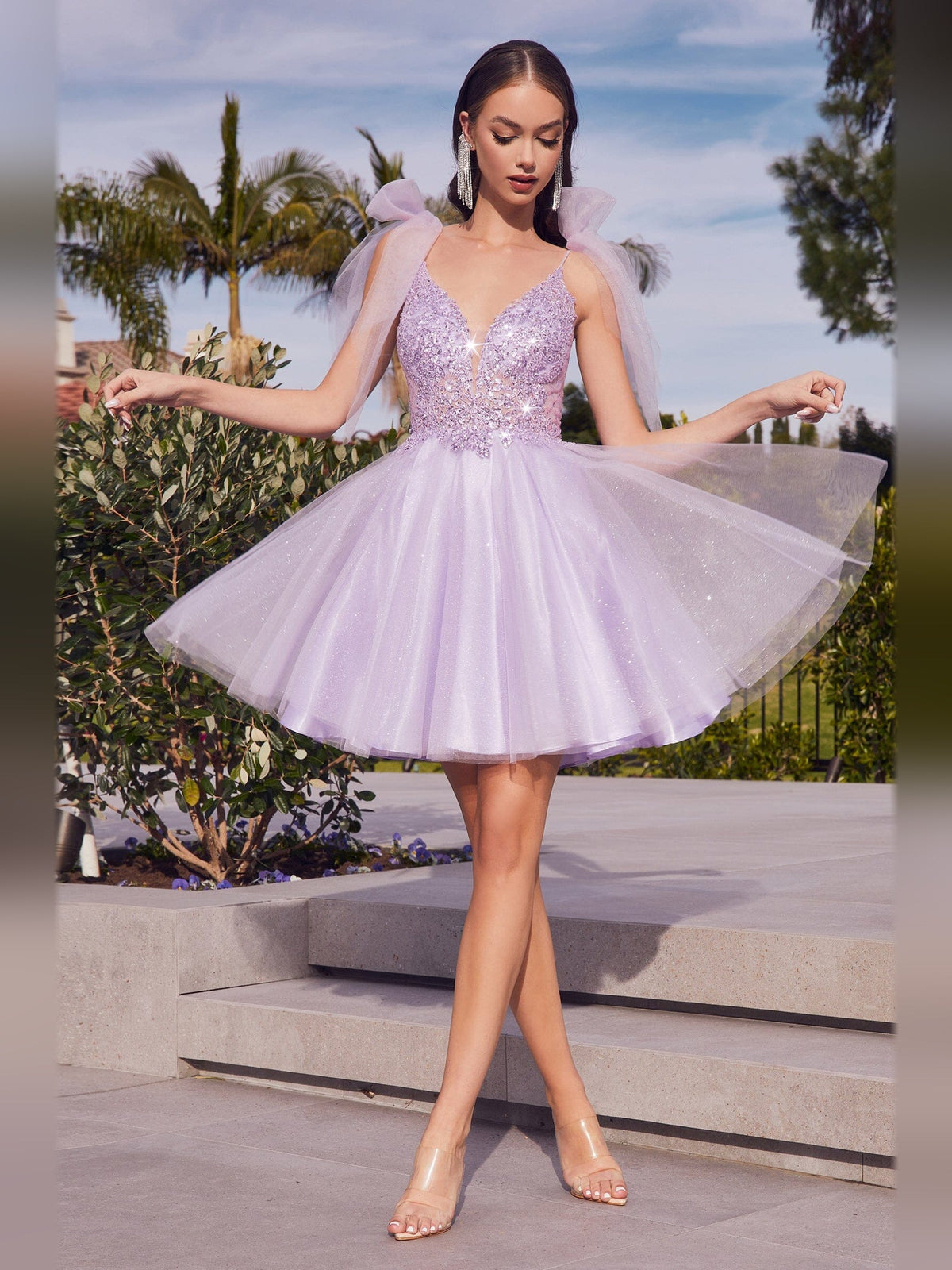 Lavender beaded V-neck A-line short tulle dress with bow straps, full front