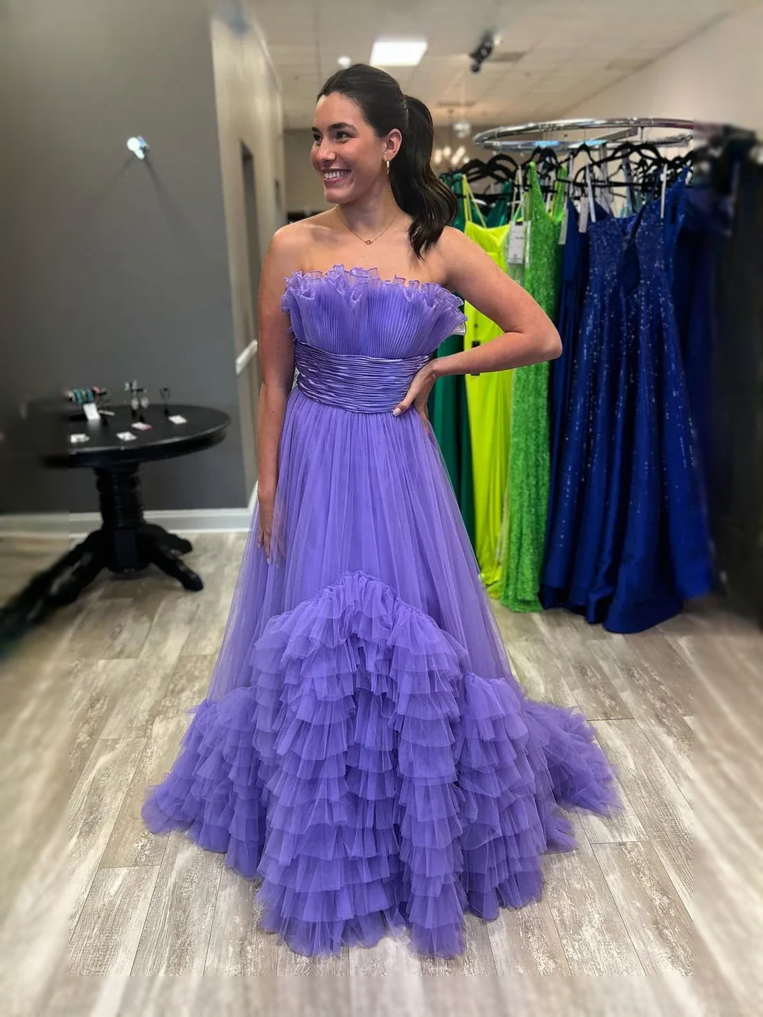 Lavender strapless sweetheart A-line tulle prom dress with ruched bodice and tiered ruffle skirt