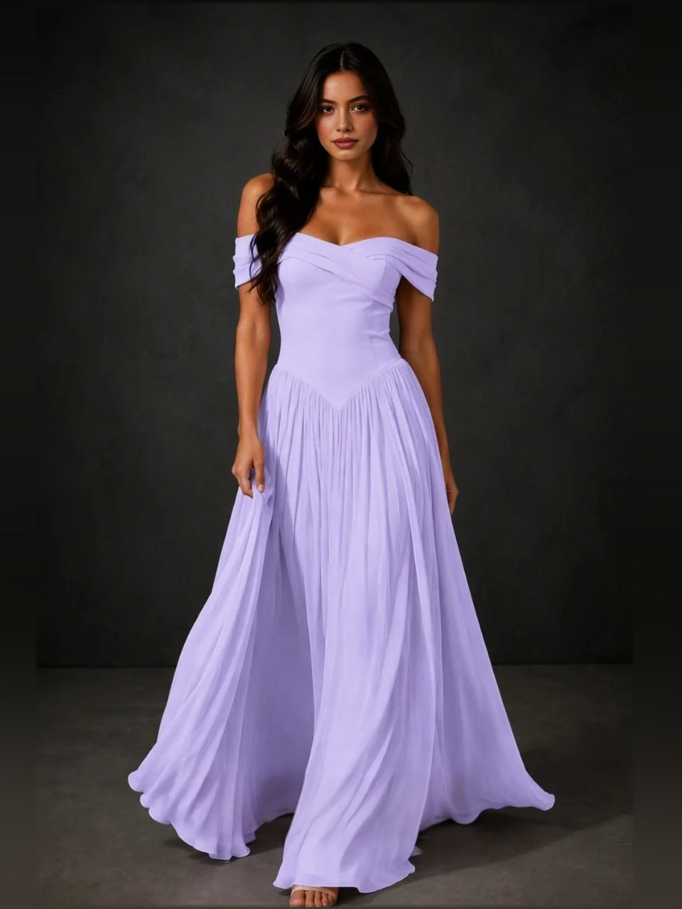 Corset sweetheart A-line floor-length dress in lavender with off-shoulder drape
