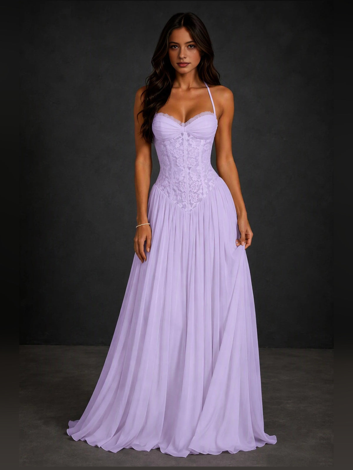 Lavender A-line prom dress with sweetheart neckline, spaghetti straps, pleated skirt.