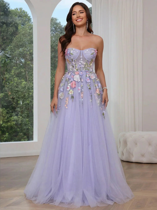 Lavender sweetheart corset tulle gown with floral applique and full A-line skirt
