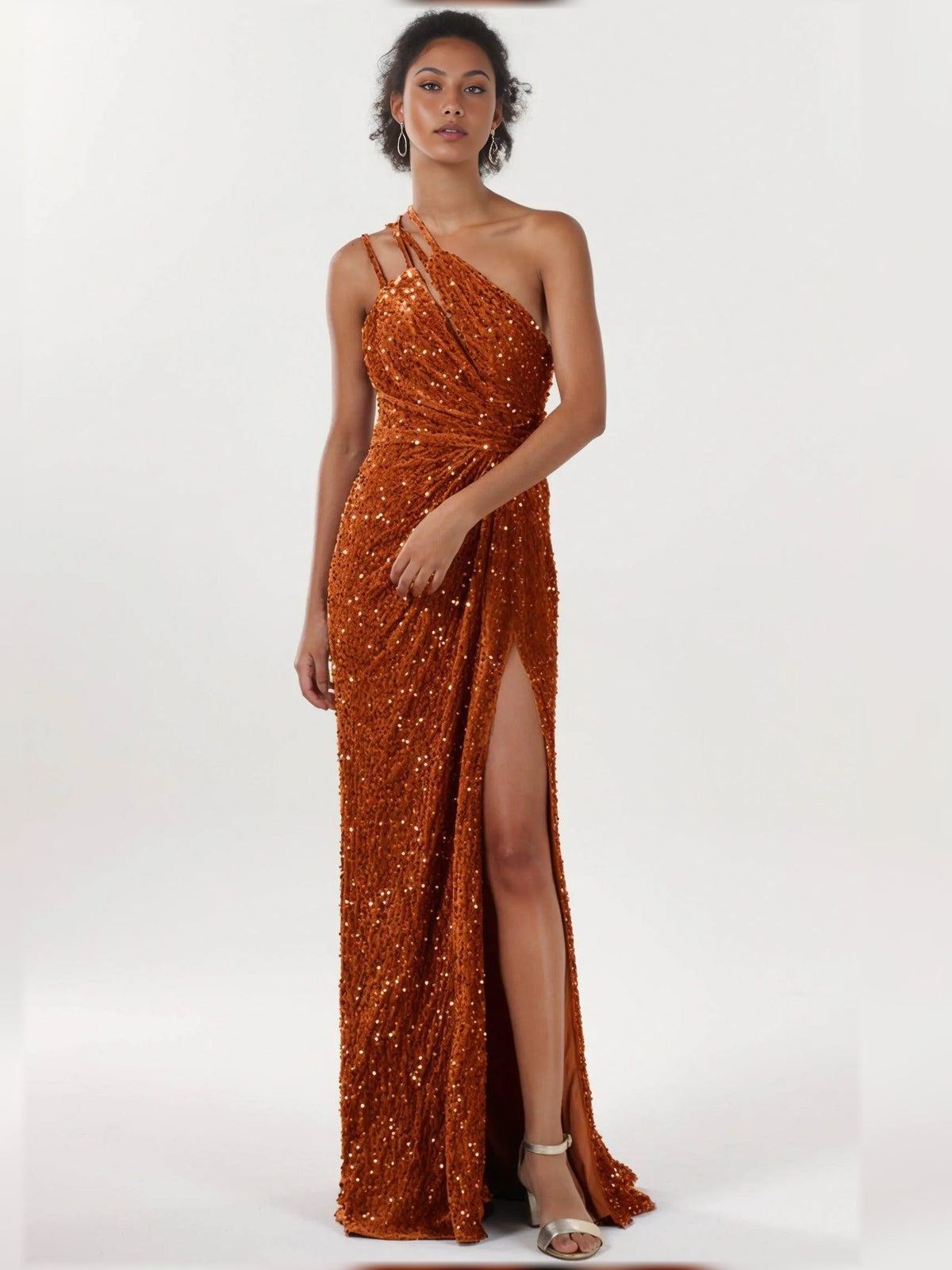 Glitter terracotta one-shoulder formal sheath dress with ruching and high slit