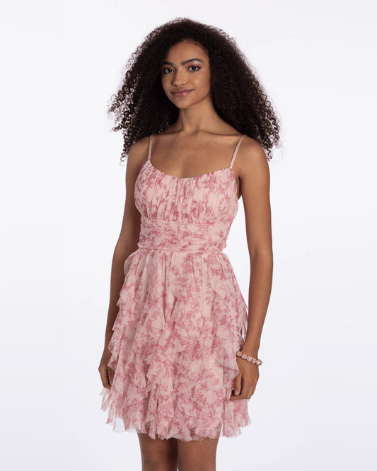 Blush floral print lace-trim fit-and-flare dress with thin straps