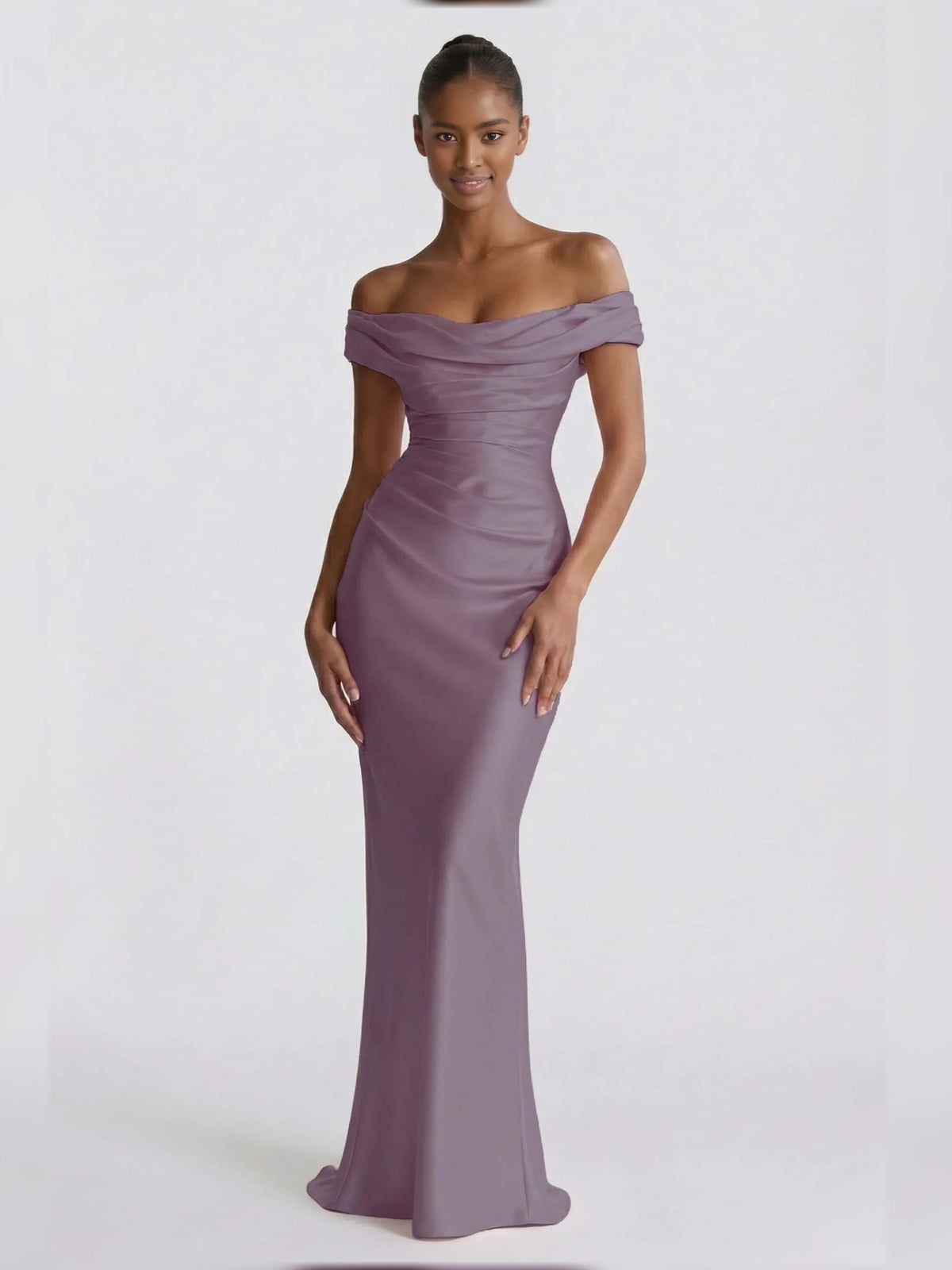 Dusty mauve off-shoulder corset formal dress with short sleeves, floor-length