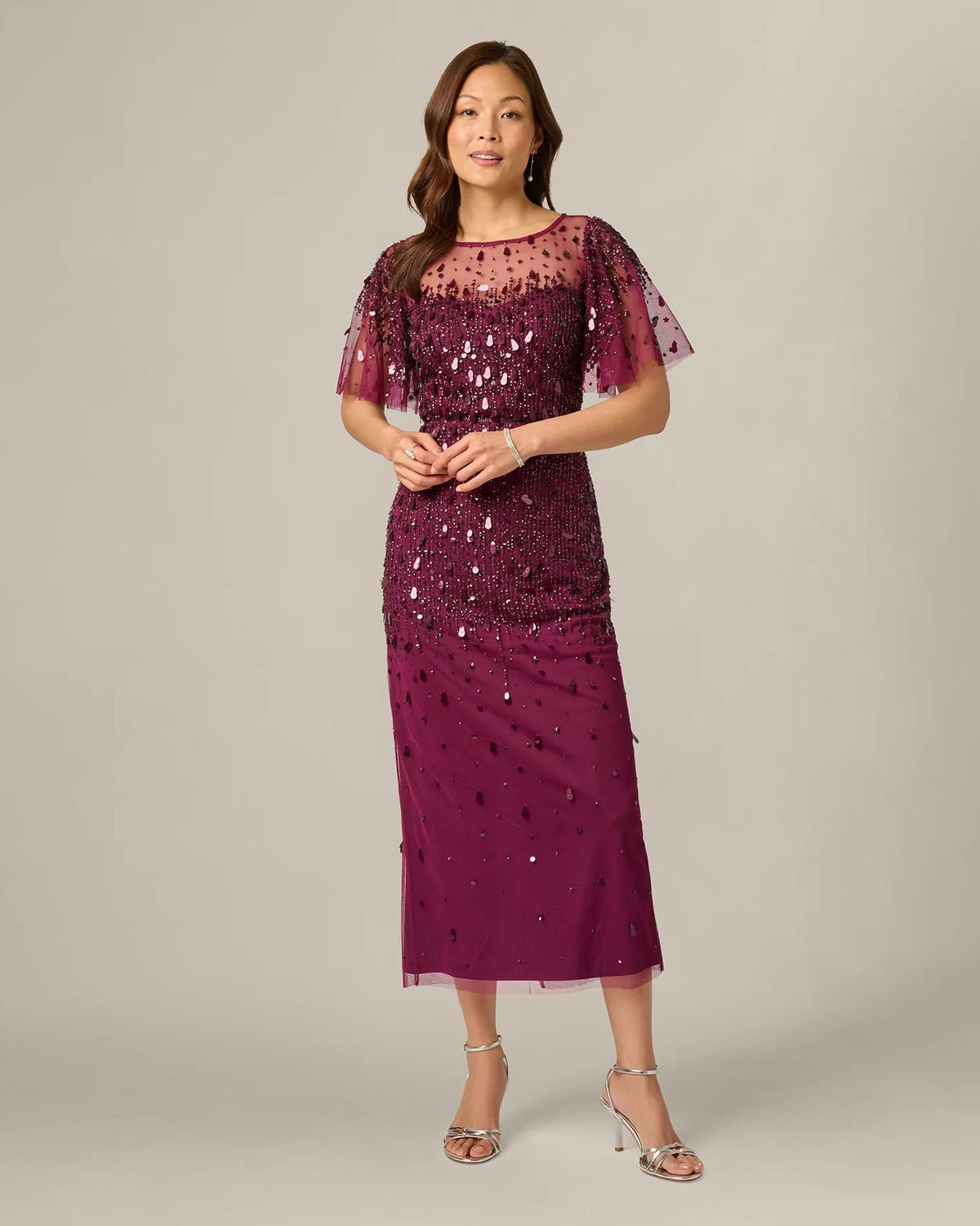 Bordeaux embellished flutter-sleeve midi A-line dress with sparkly sequin speckle finish