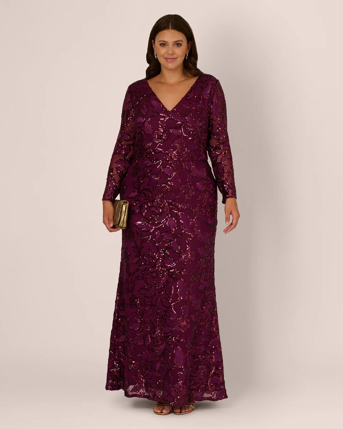Burgundy embellished long-sleeve mermaid maxi dress with V-neck and shimmering sequin pattern