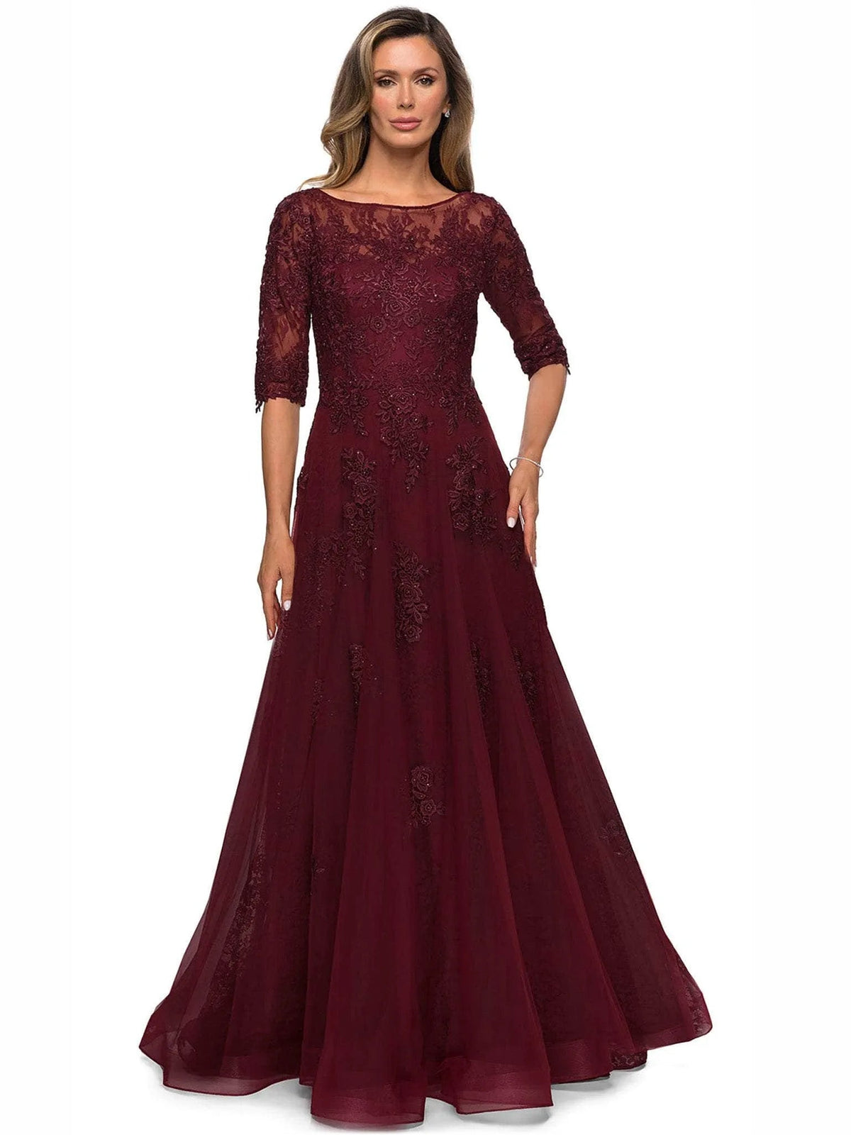 Burgundy embroidered floral tulle A-line mother of the bride dress with elbow-length sleeves