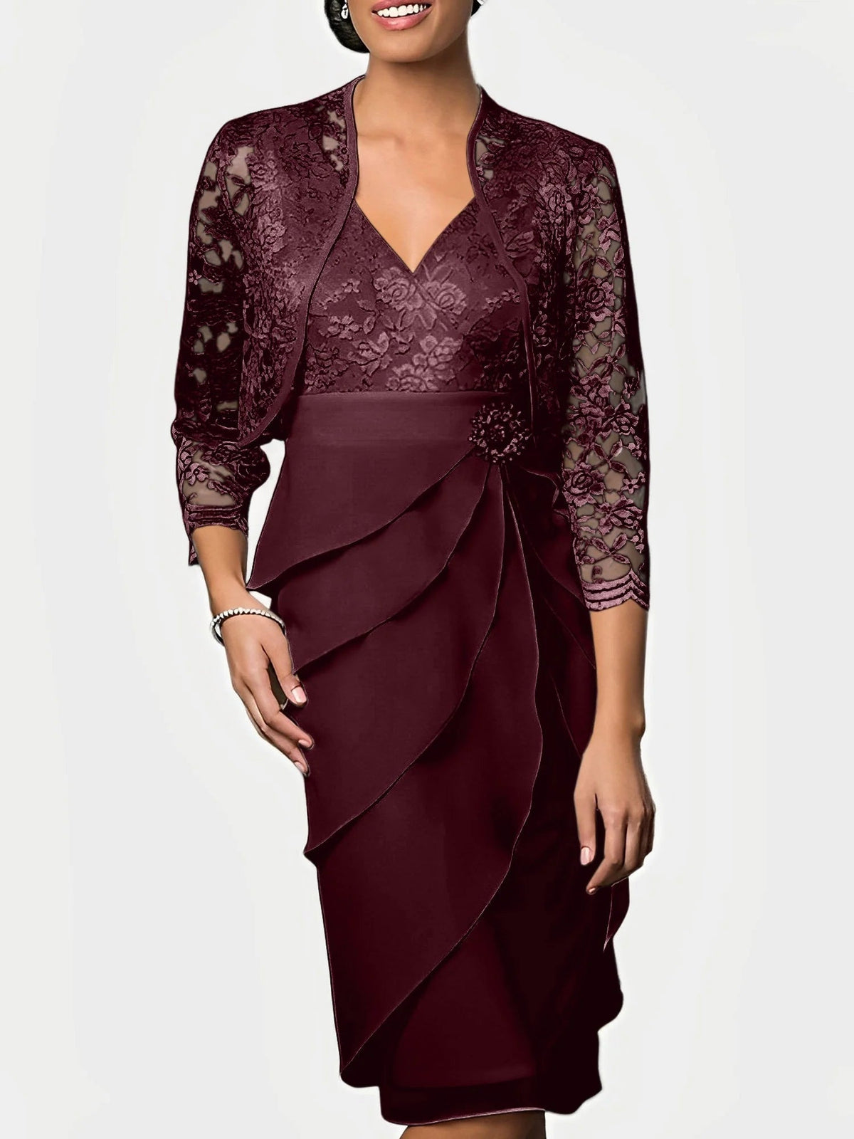 Ruffled V-neck fit-and-flare knee-length mother of the bride dress in deep burgundy