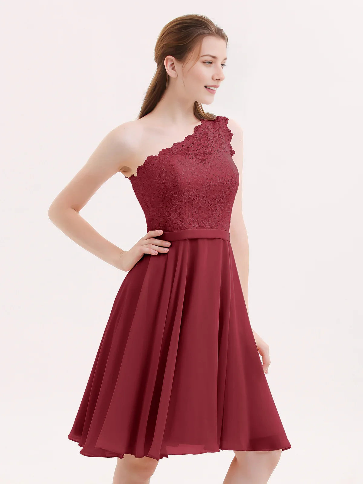 One-shoulder A-line short chiffon homecoming dress in burgundy, lace-textured bodice overlay