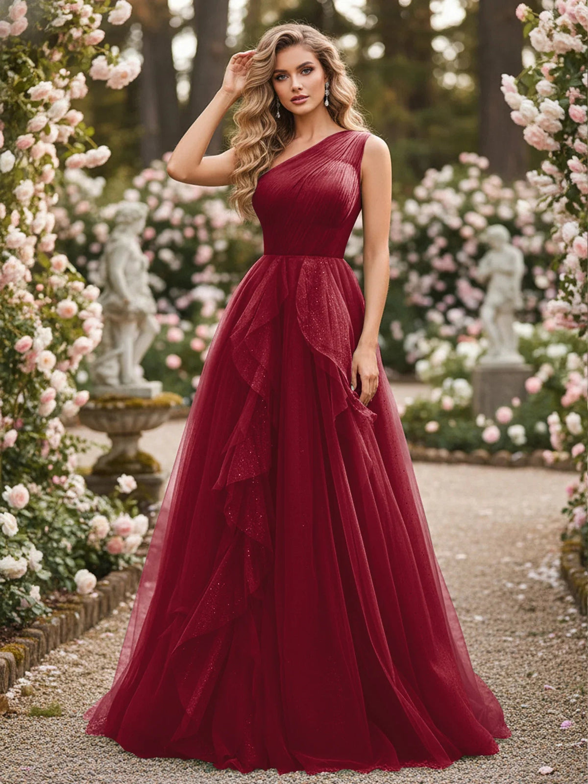 Burgundy one-shoulder corset pleated floor-length formal dress with flowing skirt