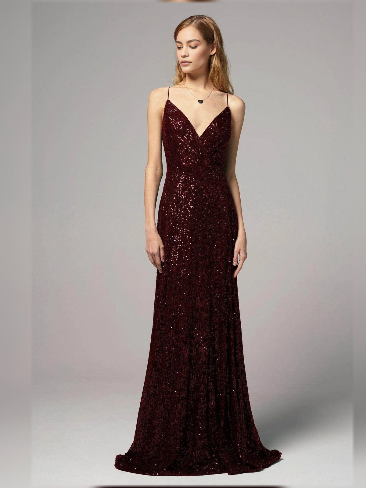 Burgundy sequin floor-length sheath dress with V-neck and spaghetti straps, front slit